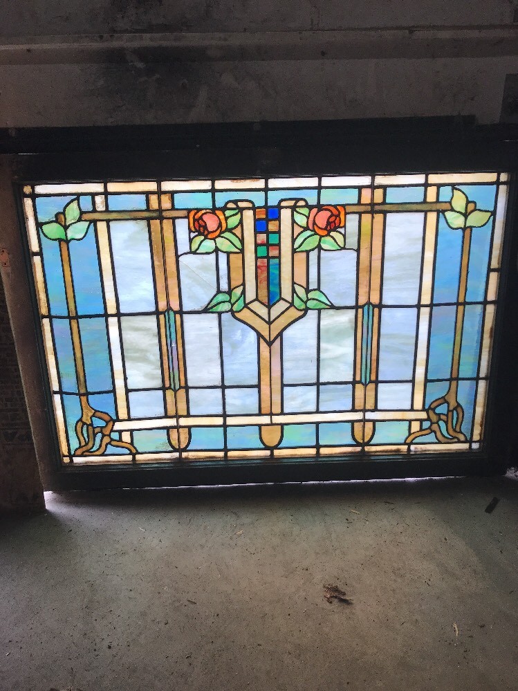 MARAntique Stainglass floral landing window 44 x 30 hi