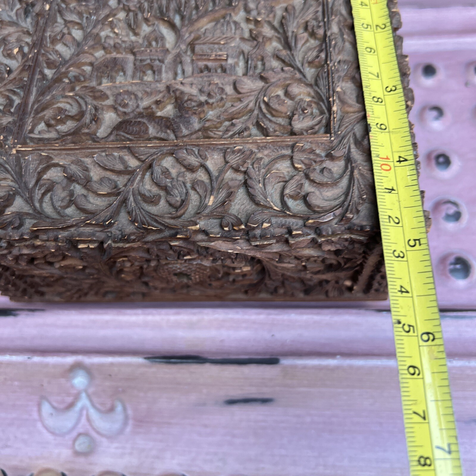 Hand Carved Old Decorative Multi Purpose Wood Trinket 6x5x2.5” Middle Age Style