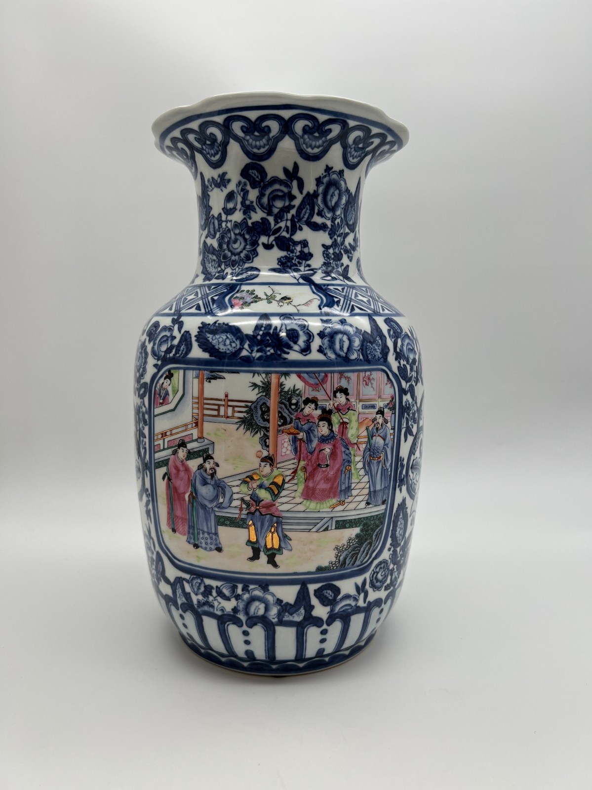 Large Chinese Blue & White Mandarin Rose Vase 14” Famille Rose Scene