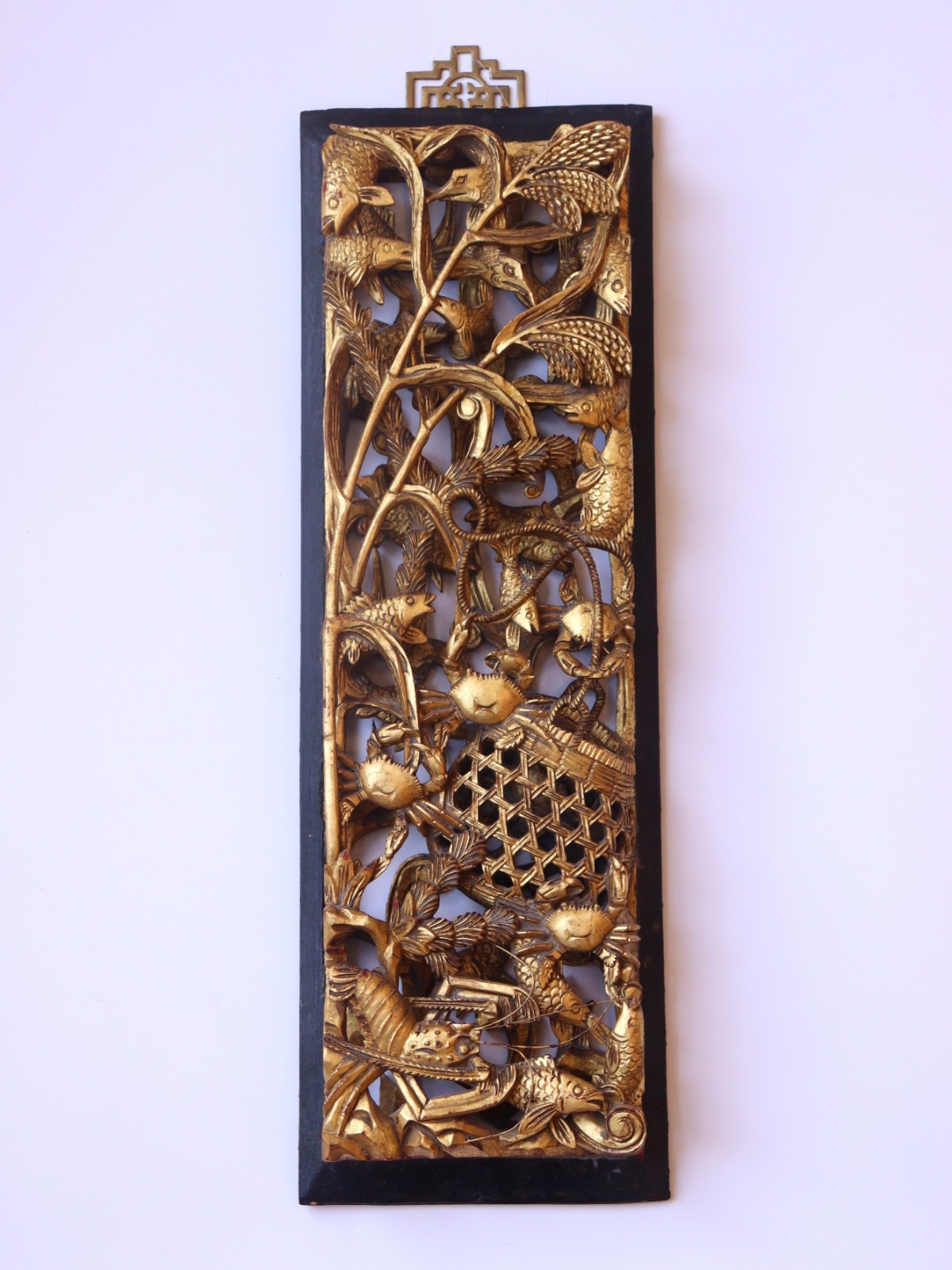 Antique Chinese Carved & Gold Gilt Wood Panel with Nature Ornaments 17.3”