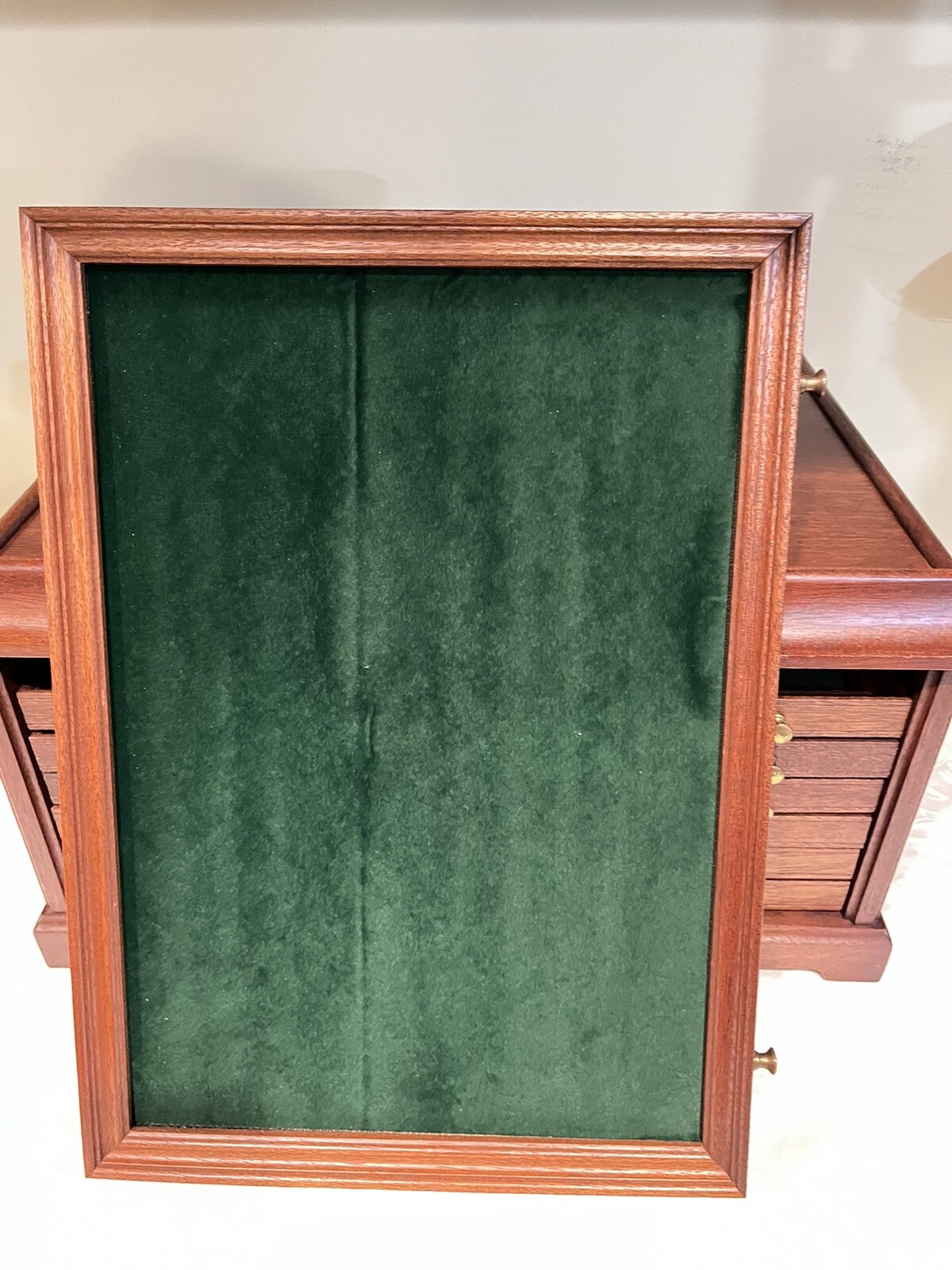 Mahogany Solid Wood Tabletop Chest 6 Drawers Velvet Green Lined Brass Knobs