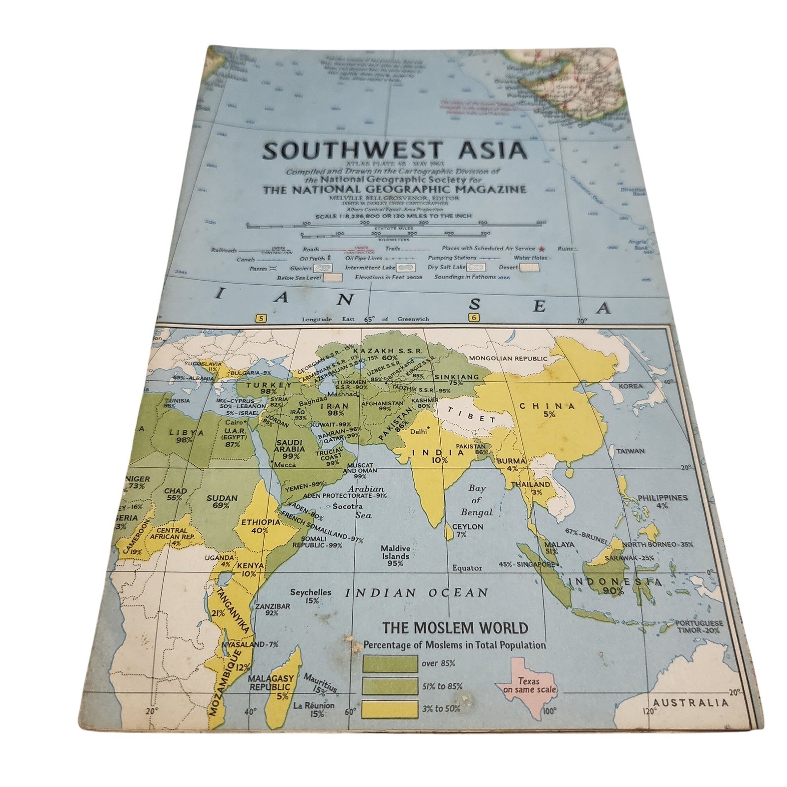 National Geographic Southwest Asia Map 1963 Blue Good Vintage Moslem World map