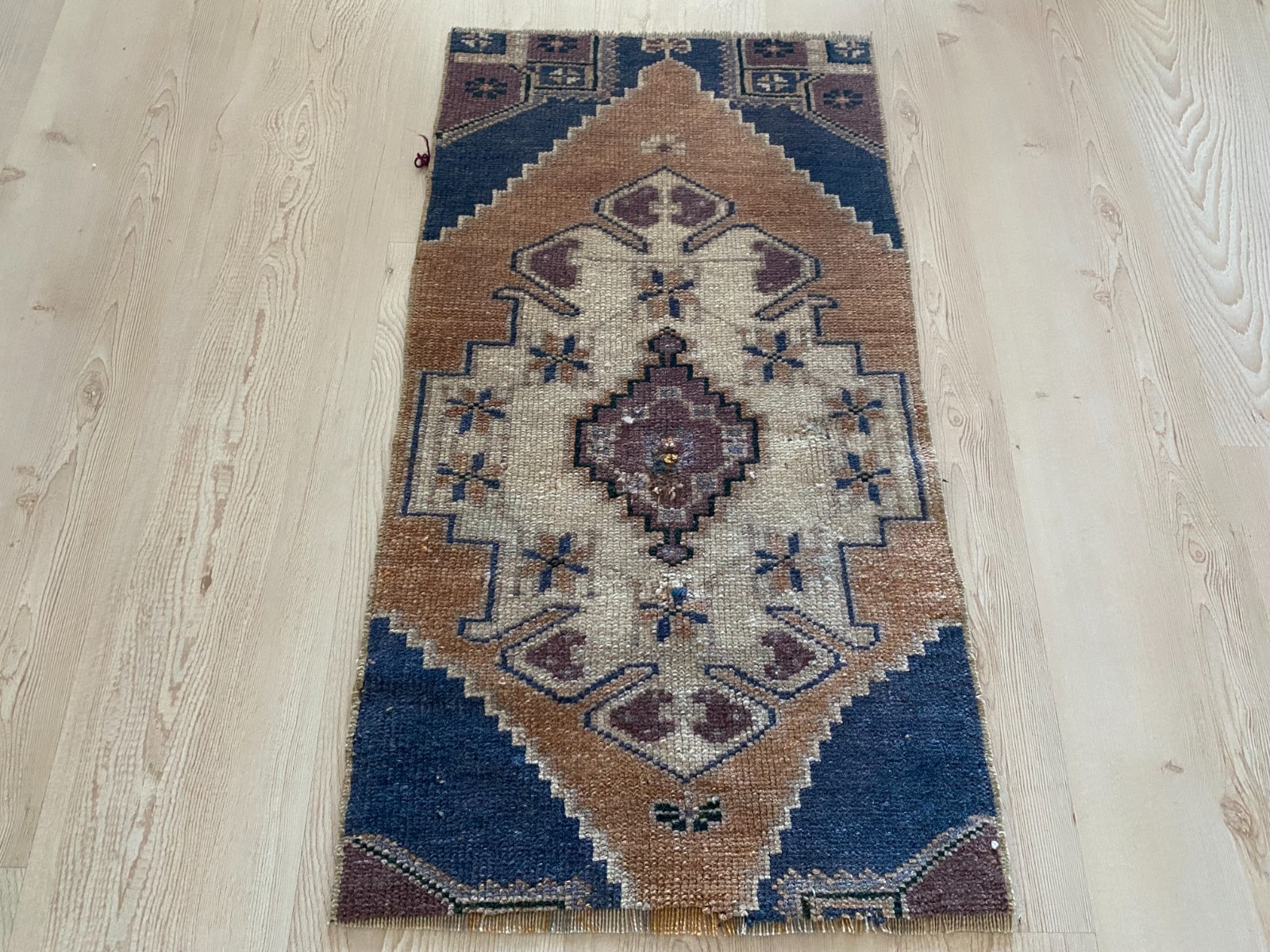 Vintage Brown Turkish Small Rug 1.5×2.8 ft Handwoven Wool Anatolian Carpet