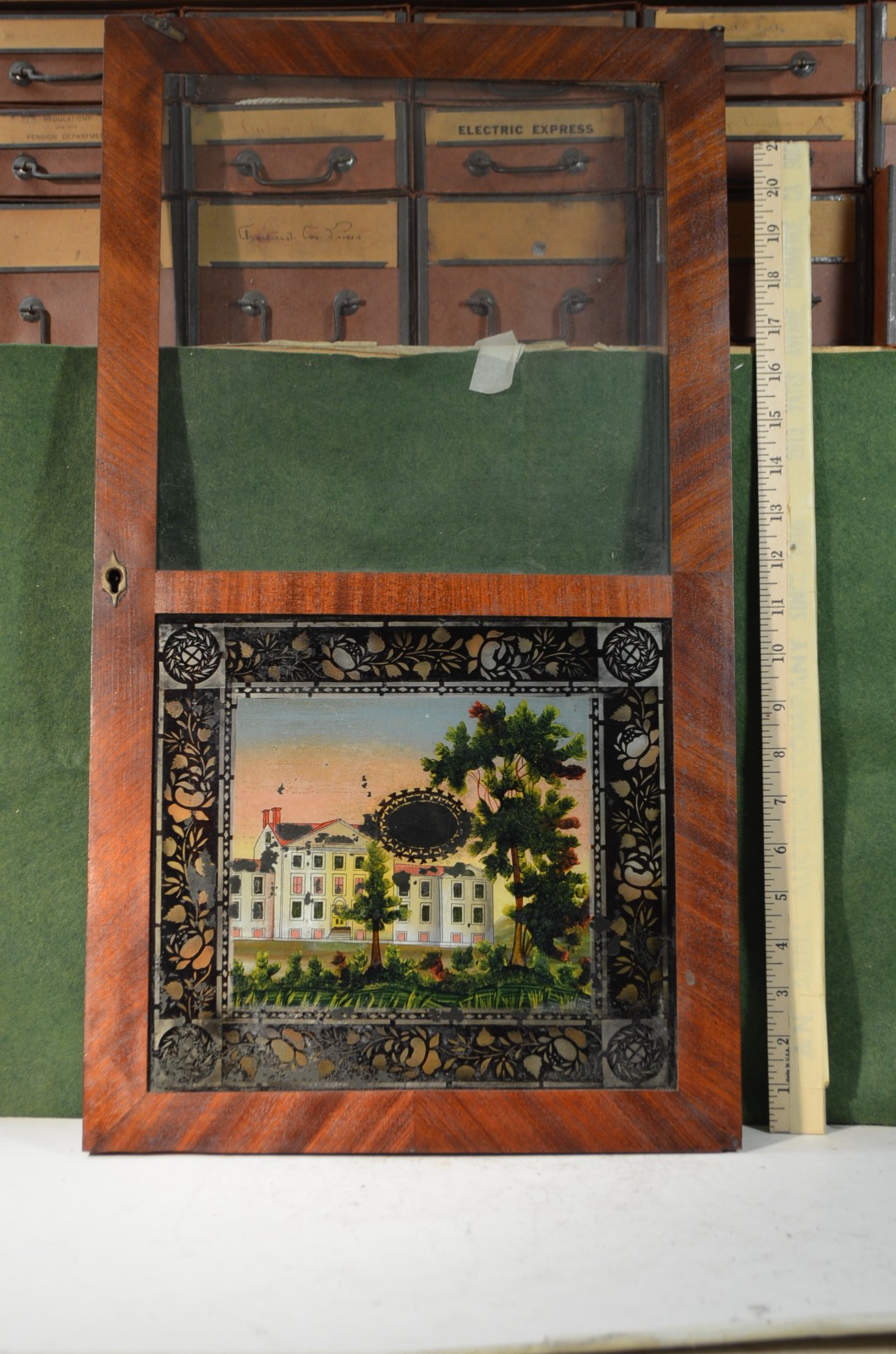 American clock door, 23 1/2x 13″, both panes original glass , no key for lock