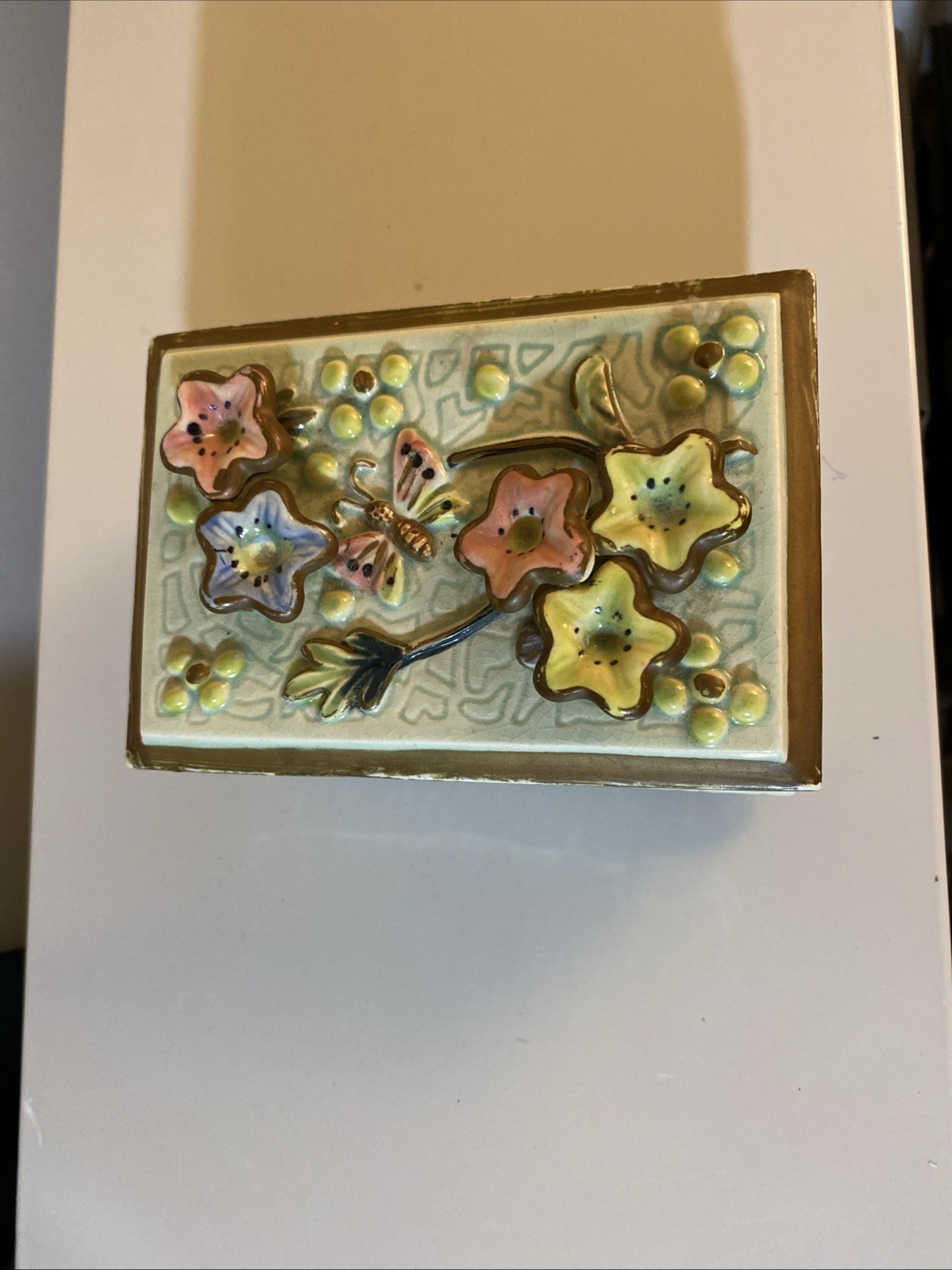 vintage ceramic trinket casket box Fairyland Japan Celadon Glaze Floral