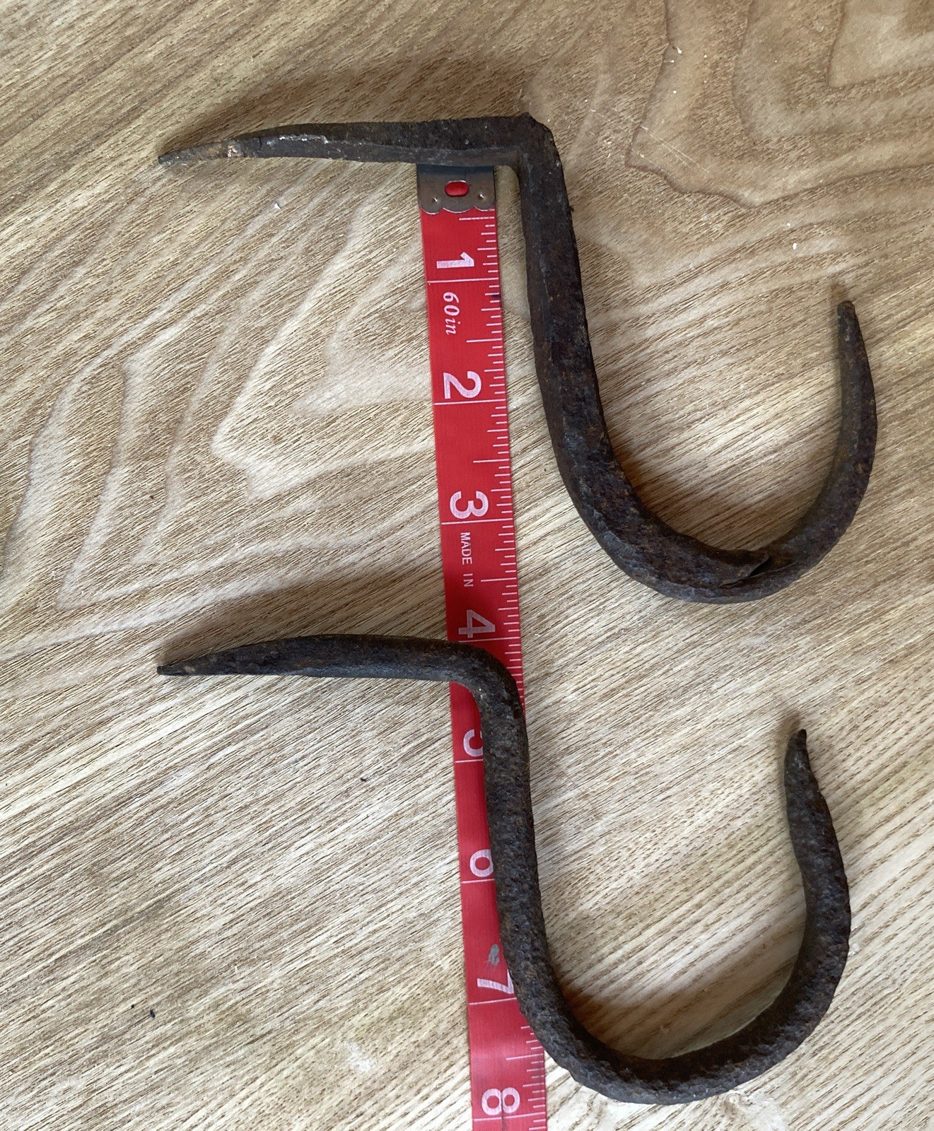 Pair Early Wrought Iron Beam Hooks, Hand Forged Iron 4 ” Drop Square & Round