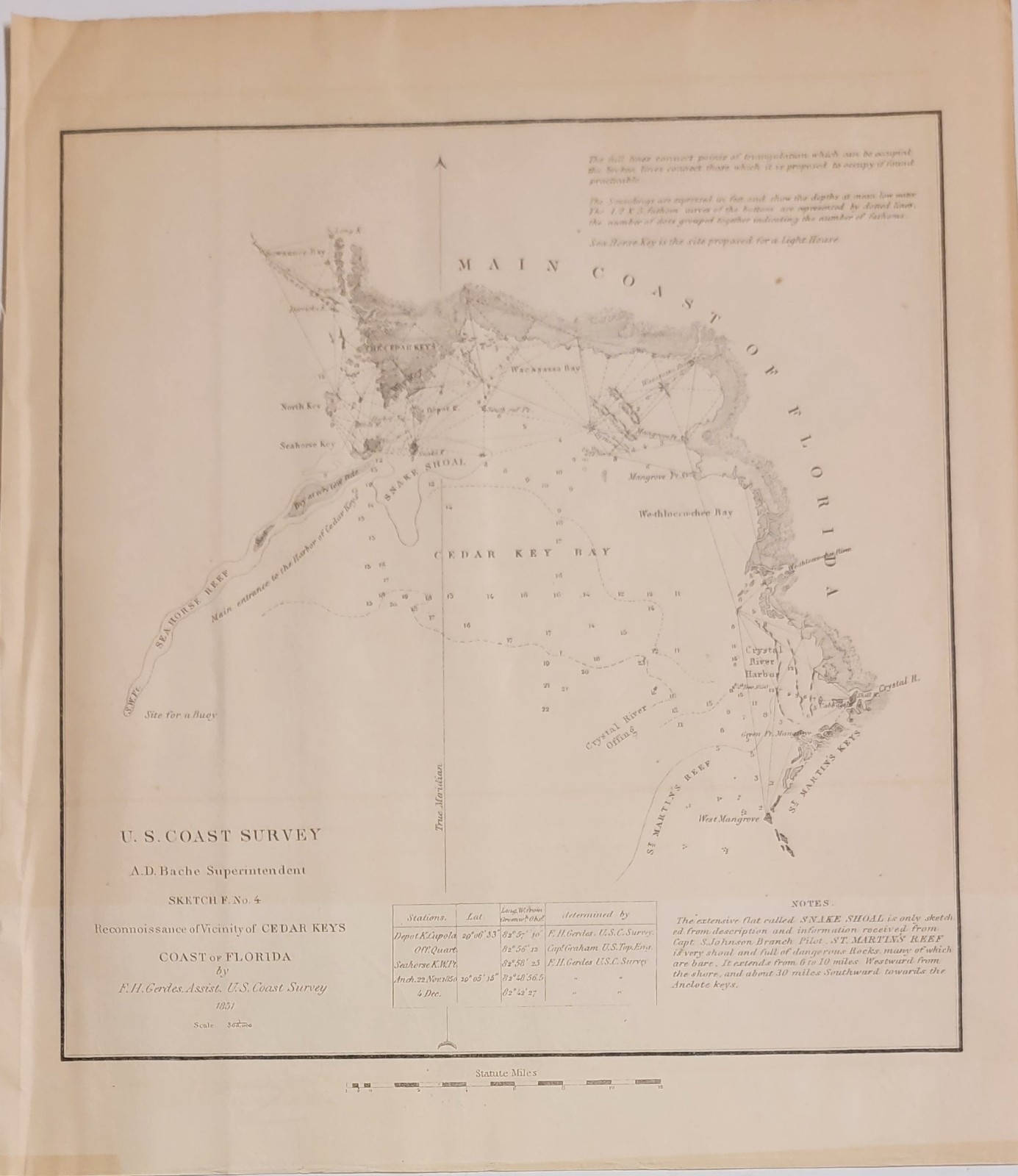 1851 B&W US Coast Survey maps/charts Sketch F No. 4 Cedar Keys Florida Bache
