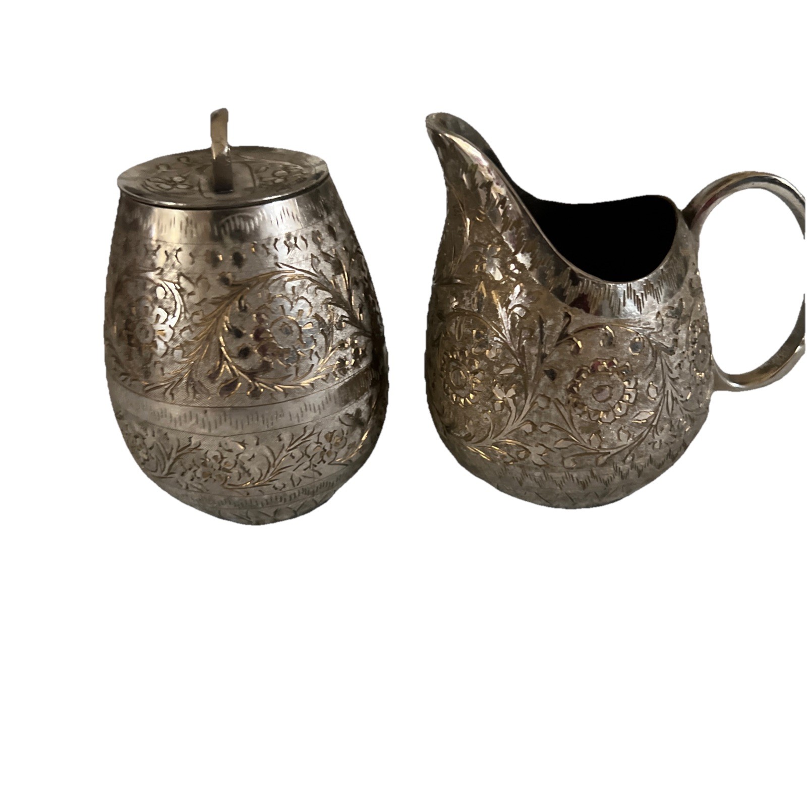 sugar & creamer set Made In India Silver Plated Small Intricately Etched Design