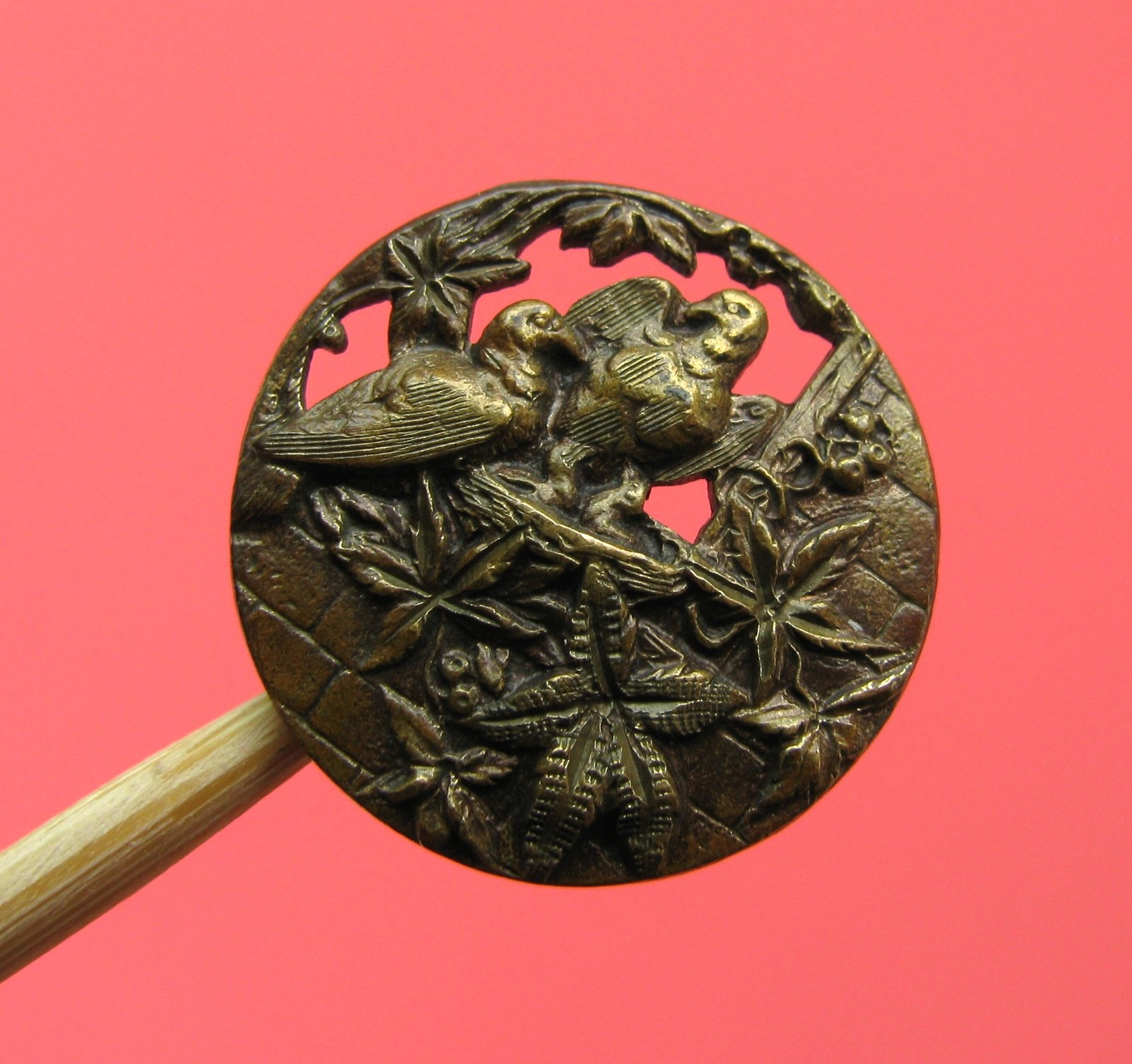 Antique Brass Picture Button BBB Doves on the Wall One Piece Pierced Birds Small