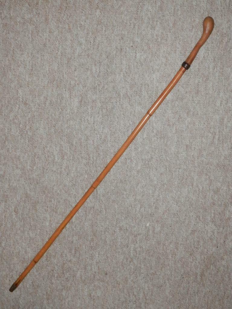 Antique Bamboo Walking Cane W/ Coppice Handle & Plaited Leather Collar – 85.5cm
