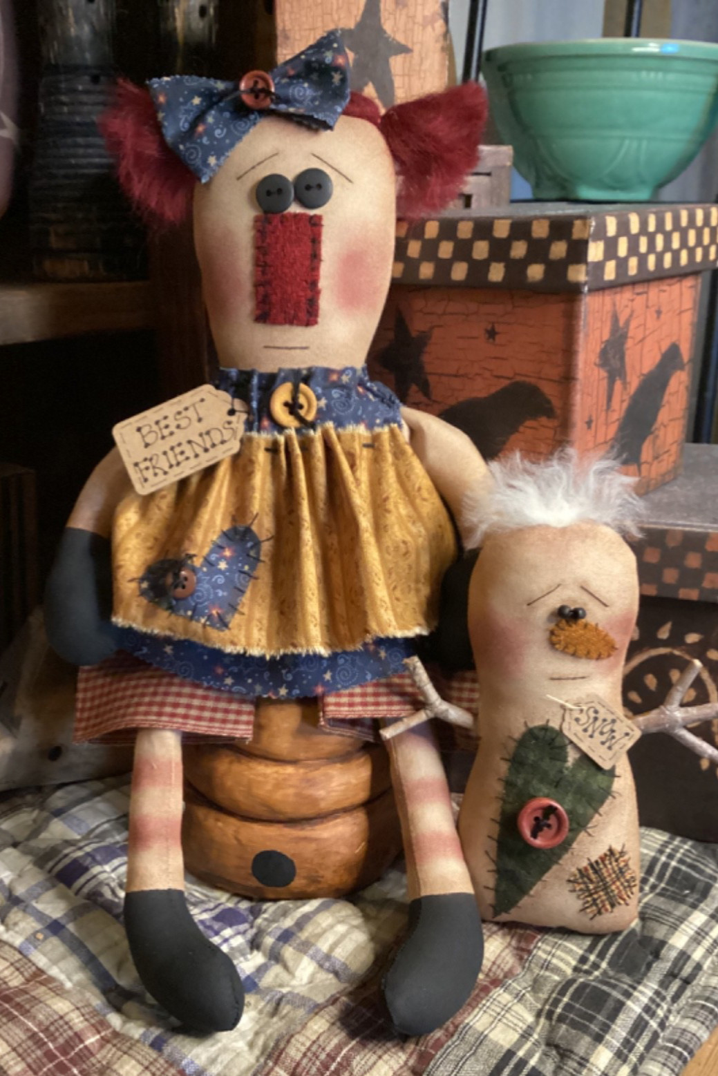 RAGGEDY ANN DOLL & SNOWMAN Handmade OOAK Signed Dated THREADBARE PRIMITIVES