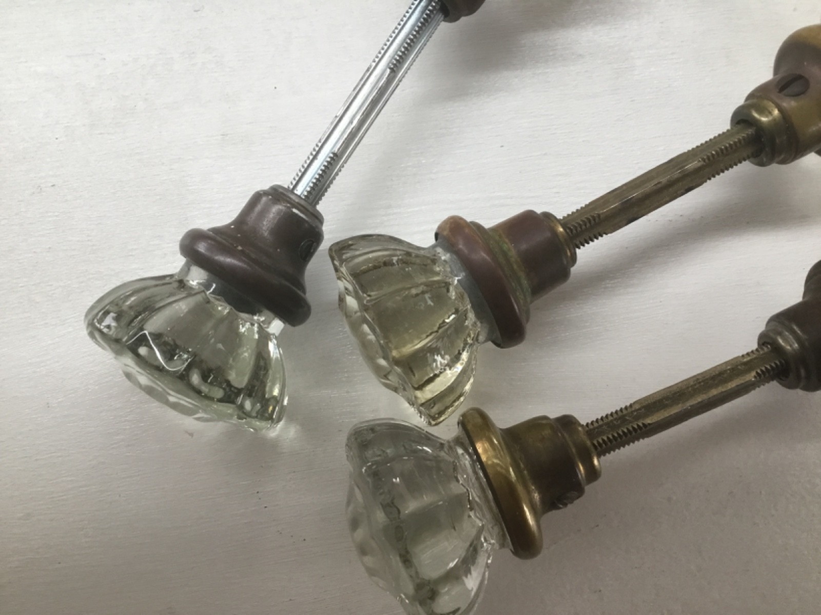 Set of 3 Vintage 1940s Art Deco Clear Glass & Brass Door Knobs w/ shafts