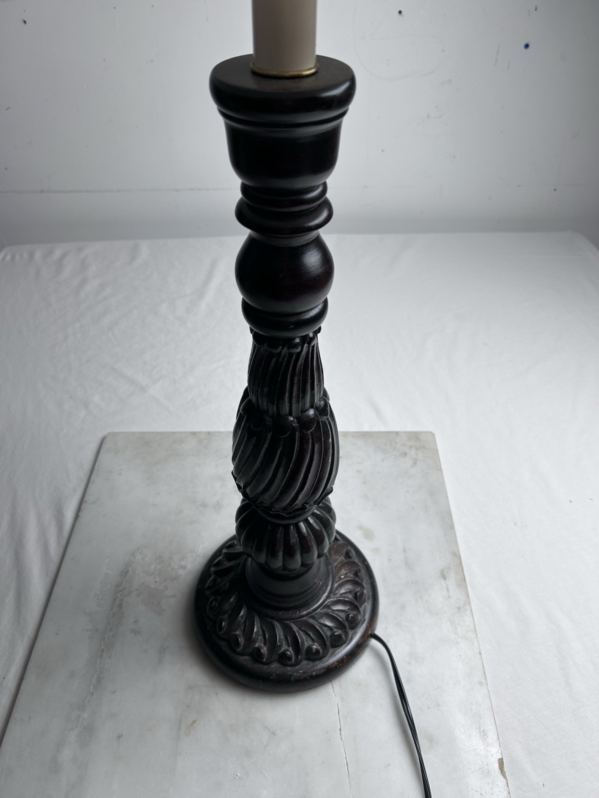 Two Hand Carved Large Wood Light Stands With Lampshades Dark Brown