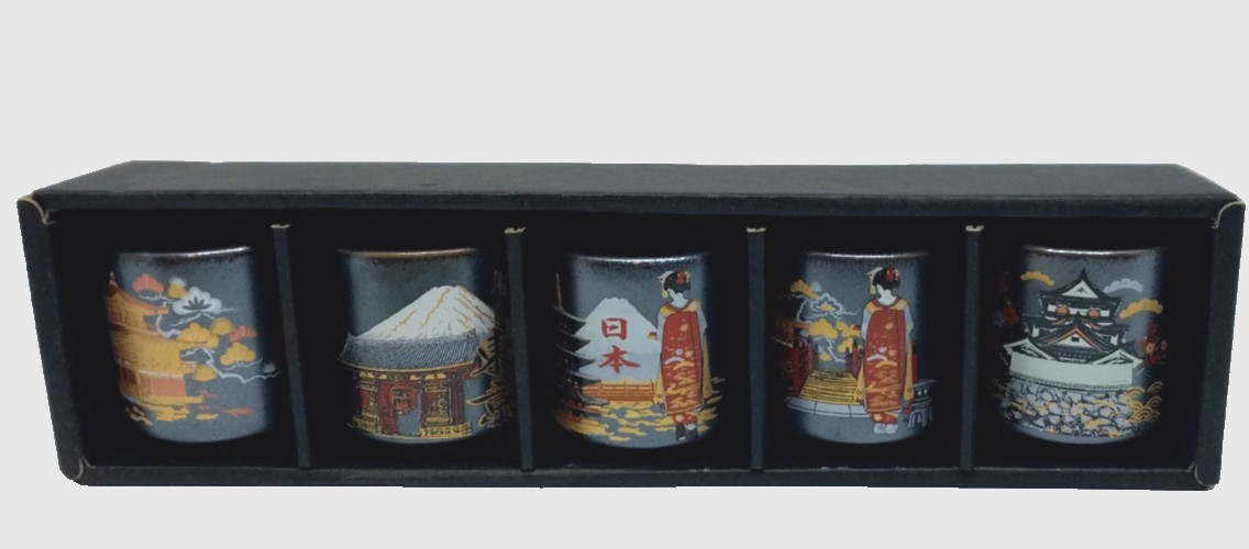 Japanese Sake Shot Glass Tea Mug Cup Set of 5, Hand Painted Scenes New