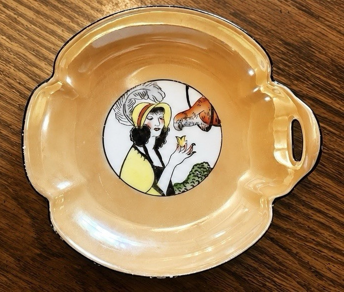 Vintage Noritake Lustreware Handled Dish, Art Deco Woman with Parrot Design 1918