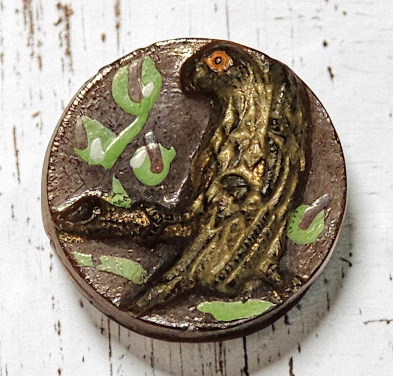 Antique Victorian Brown Glass Picture Button Bird Parrot Hand Painted Enamel