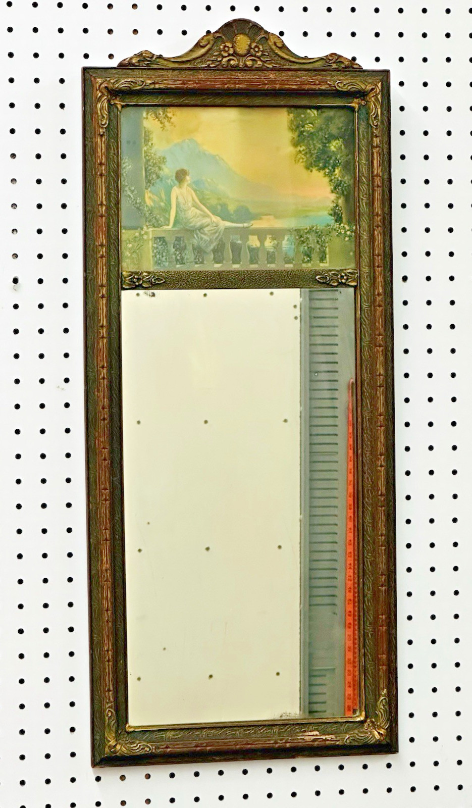 Antique Narrow Vertical French Trumeau Like Mirror w/ Romantic Scene 30″ x 13″