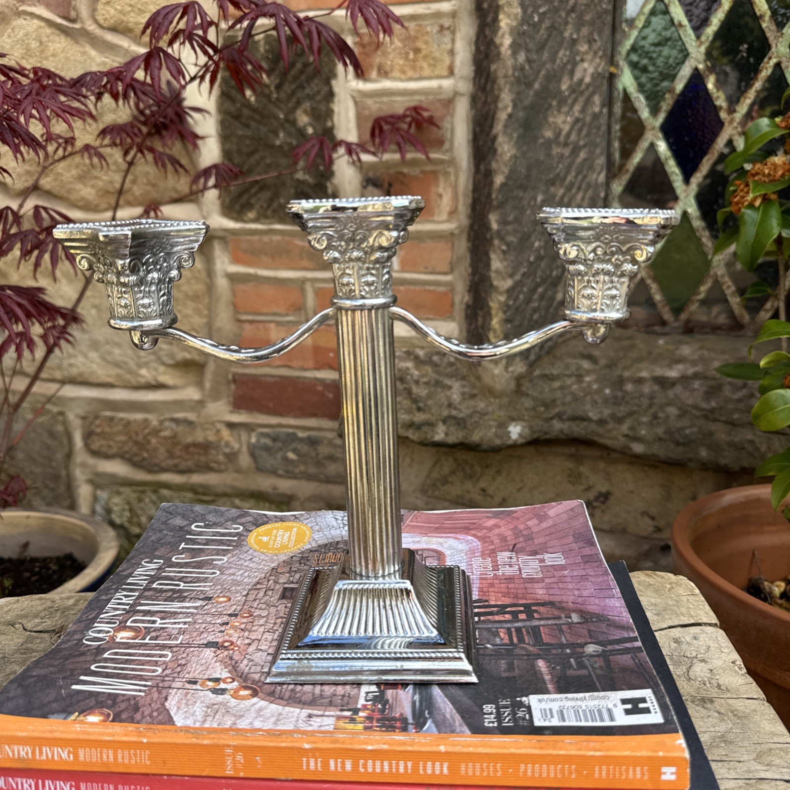 Vintage Candlestick Candelabra Silver Tone Ornate Gothic Design 3 Arm 20cm Tall