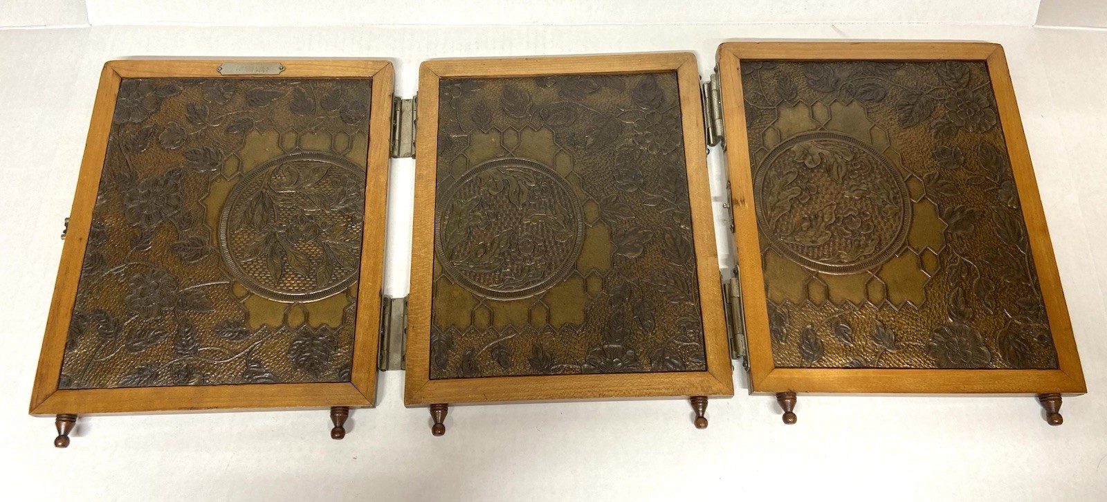 Antique Peter Wiederer Tri-Fold Shaving Mirror Embossed Floral Scenes-