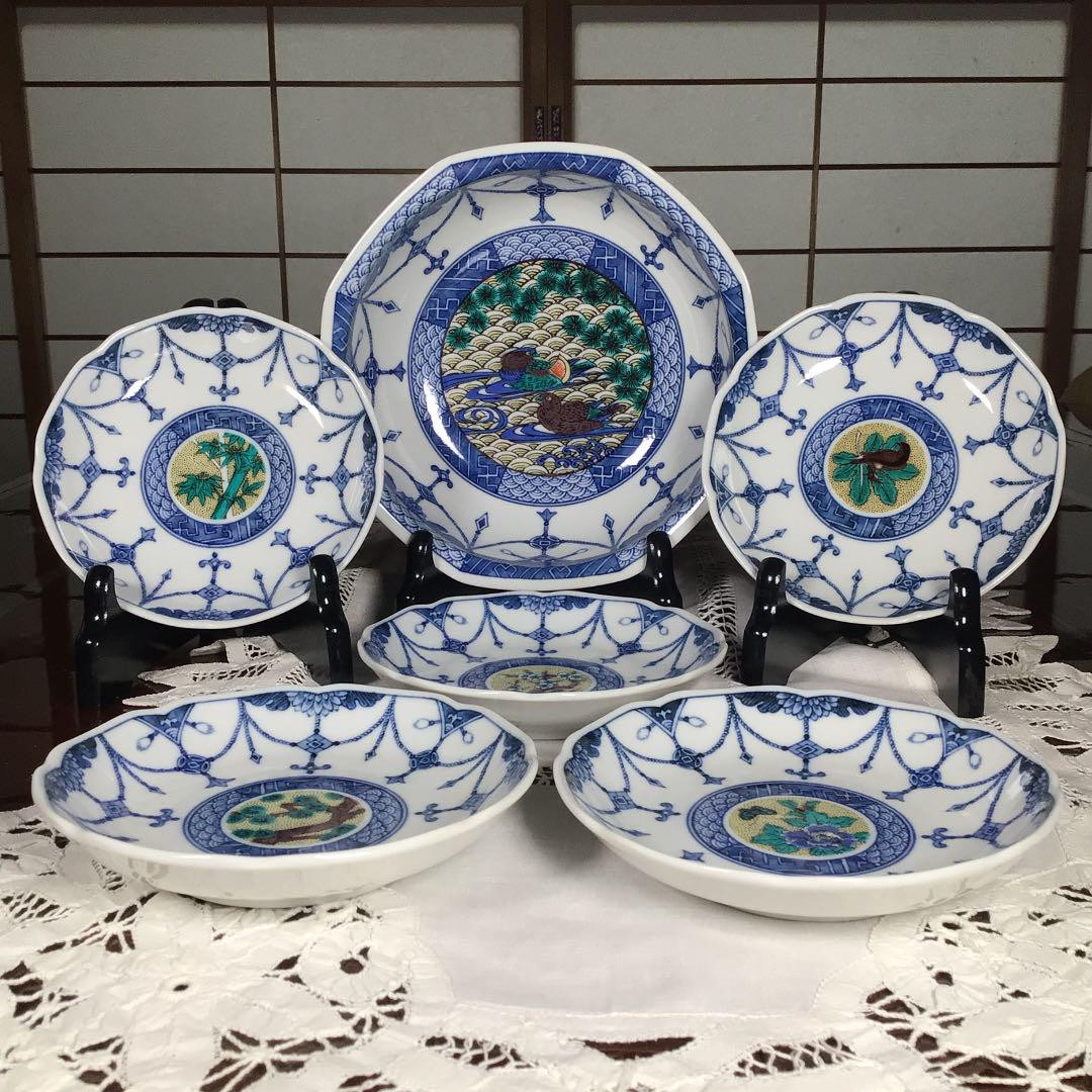Plate Japanese Pottery of Kutani Big(7.48×2.55″),Small*5(5.51×0.98″) set of 6