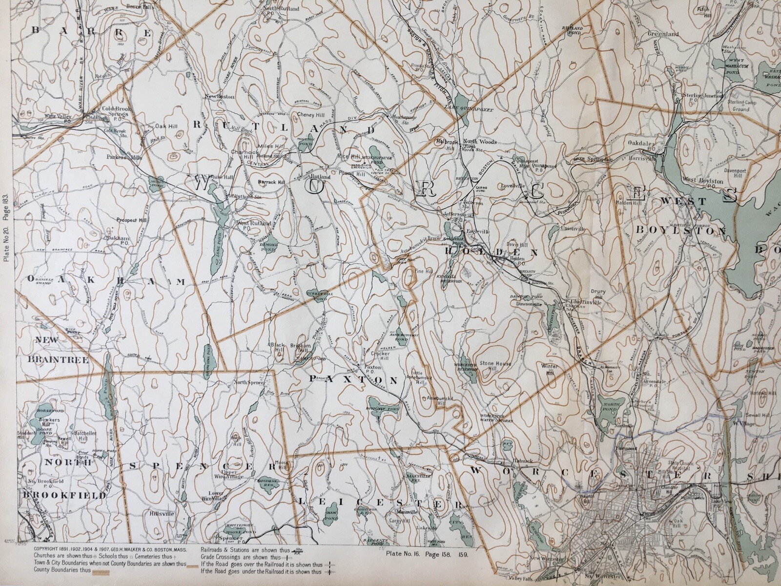 1907 Original Map,Worcester,Northborough,Sterling,Harvard,Leominster,Mass MA,old
