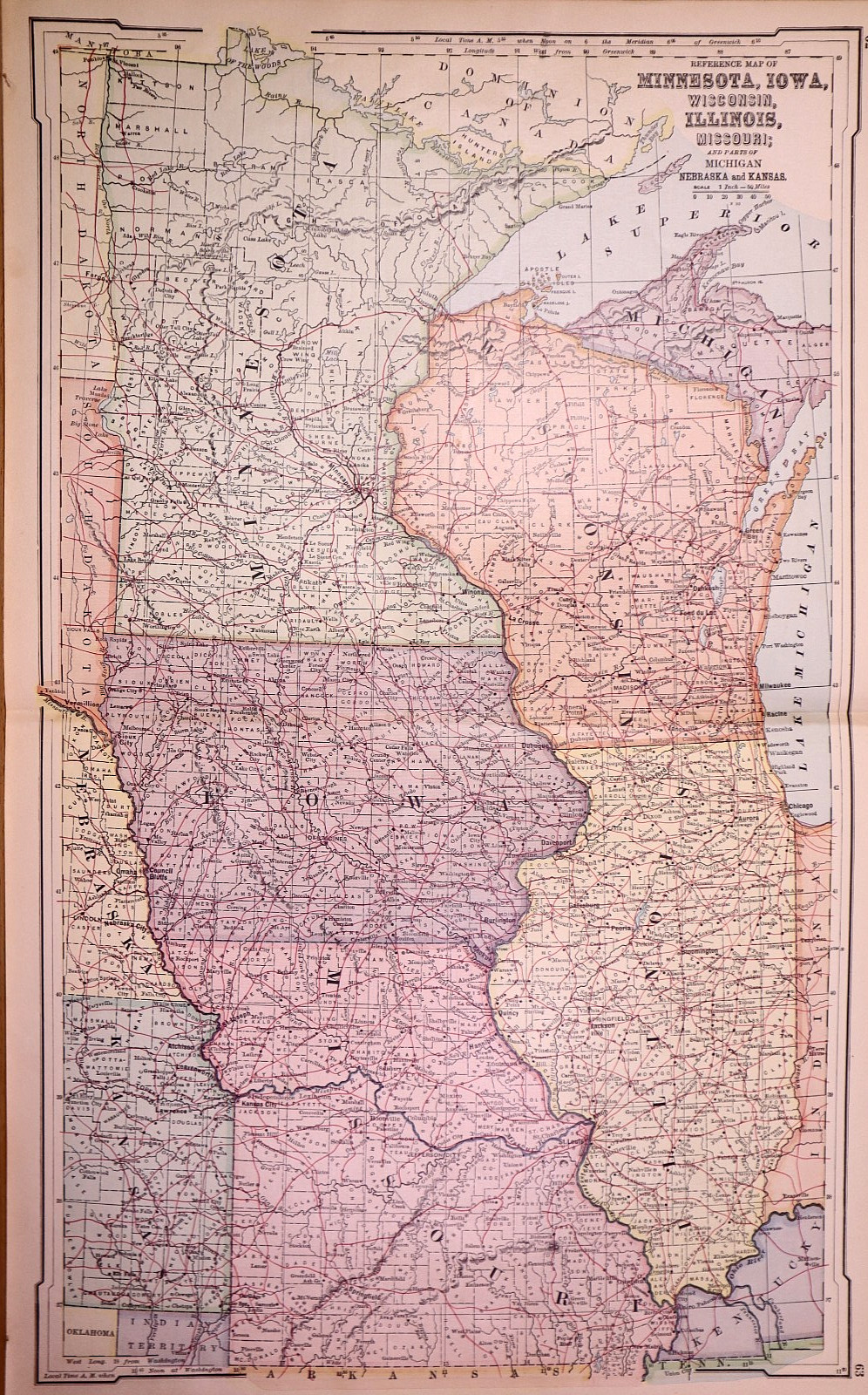 Antique 1890 Map ~ Central States – Wisconsin, Minnesota, Iowa, Missouri