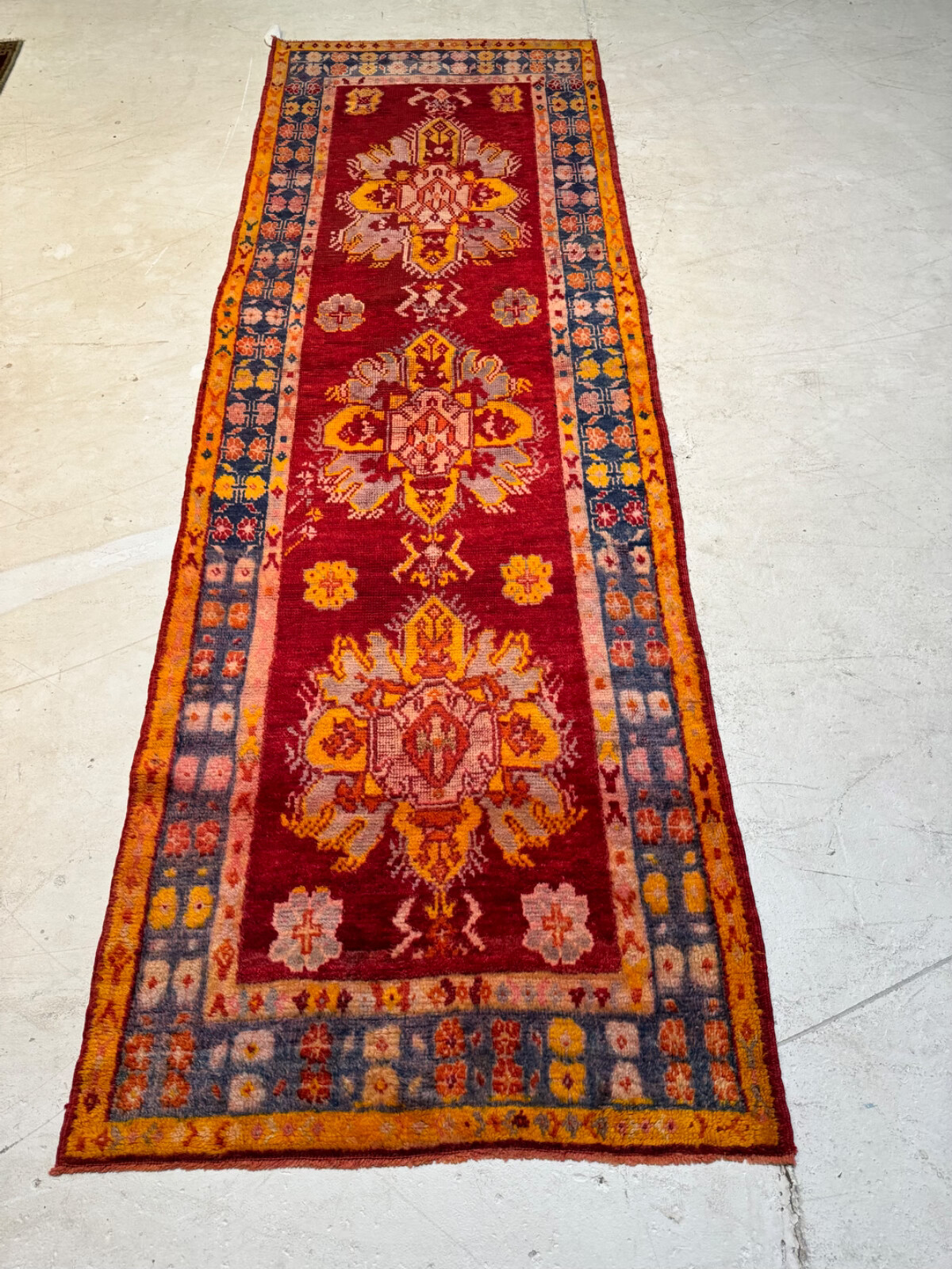 Oriental Hand-Knotted Wool Runner Turkish Oushak Red/Blue/Gold 3’4″ x 8’9″