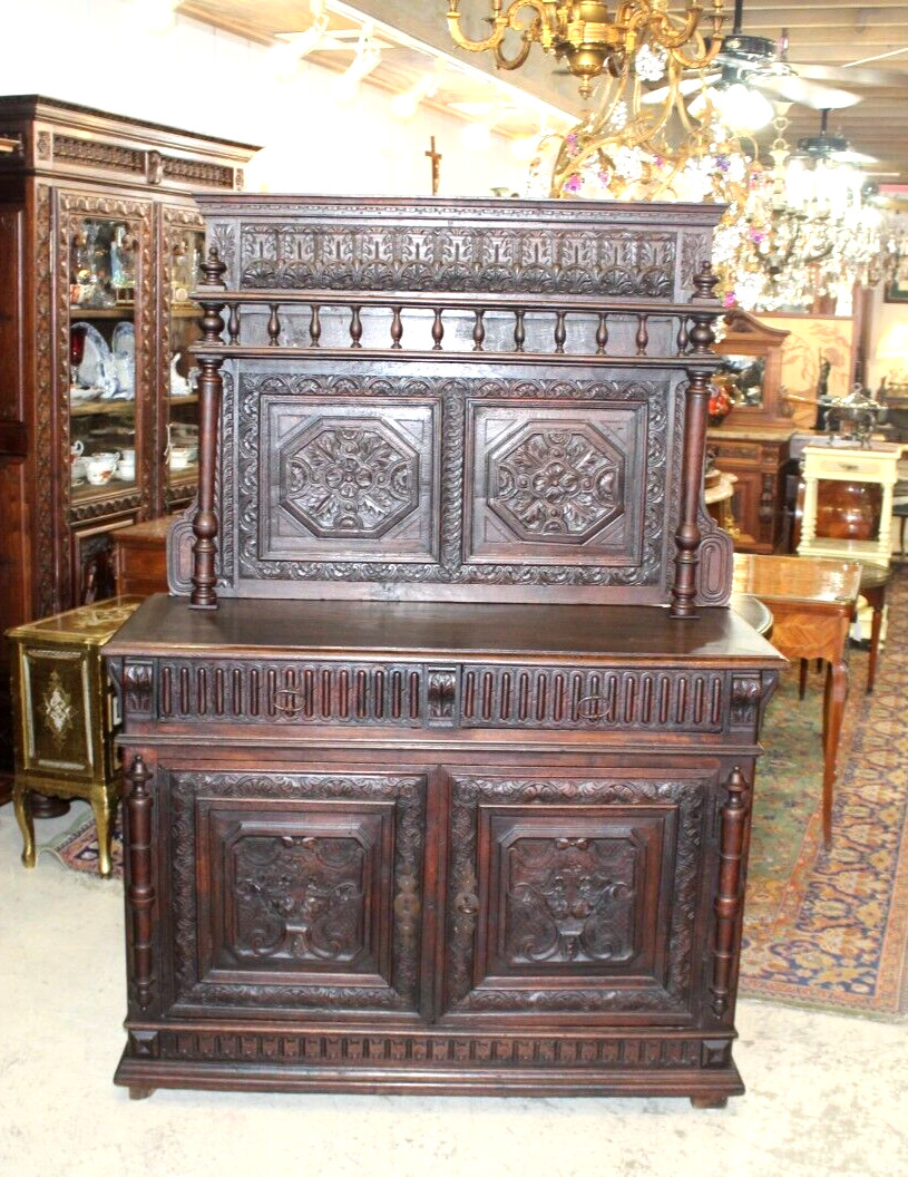 French Antique Renaissance Dark Oak Wood Buffet / Sideboard /Server Circa 1820