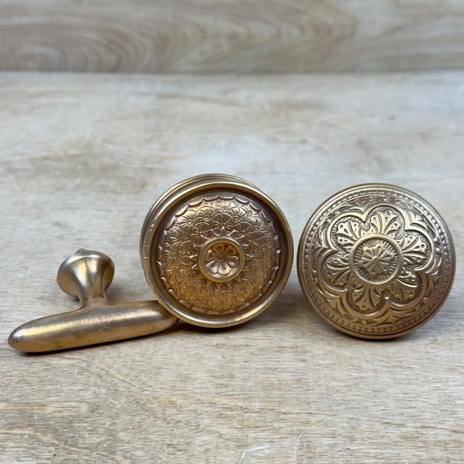 Antique Vintage Victorian Ornate Copper Door Knobs & Brass Turnkey? POLISHED