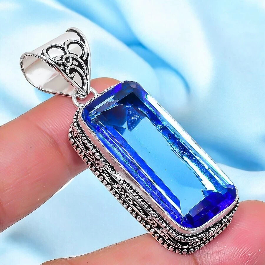 London Topaz Pendant, 925 Silver Sterling, Blue Pendant, Christmas Jewelry, Oval