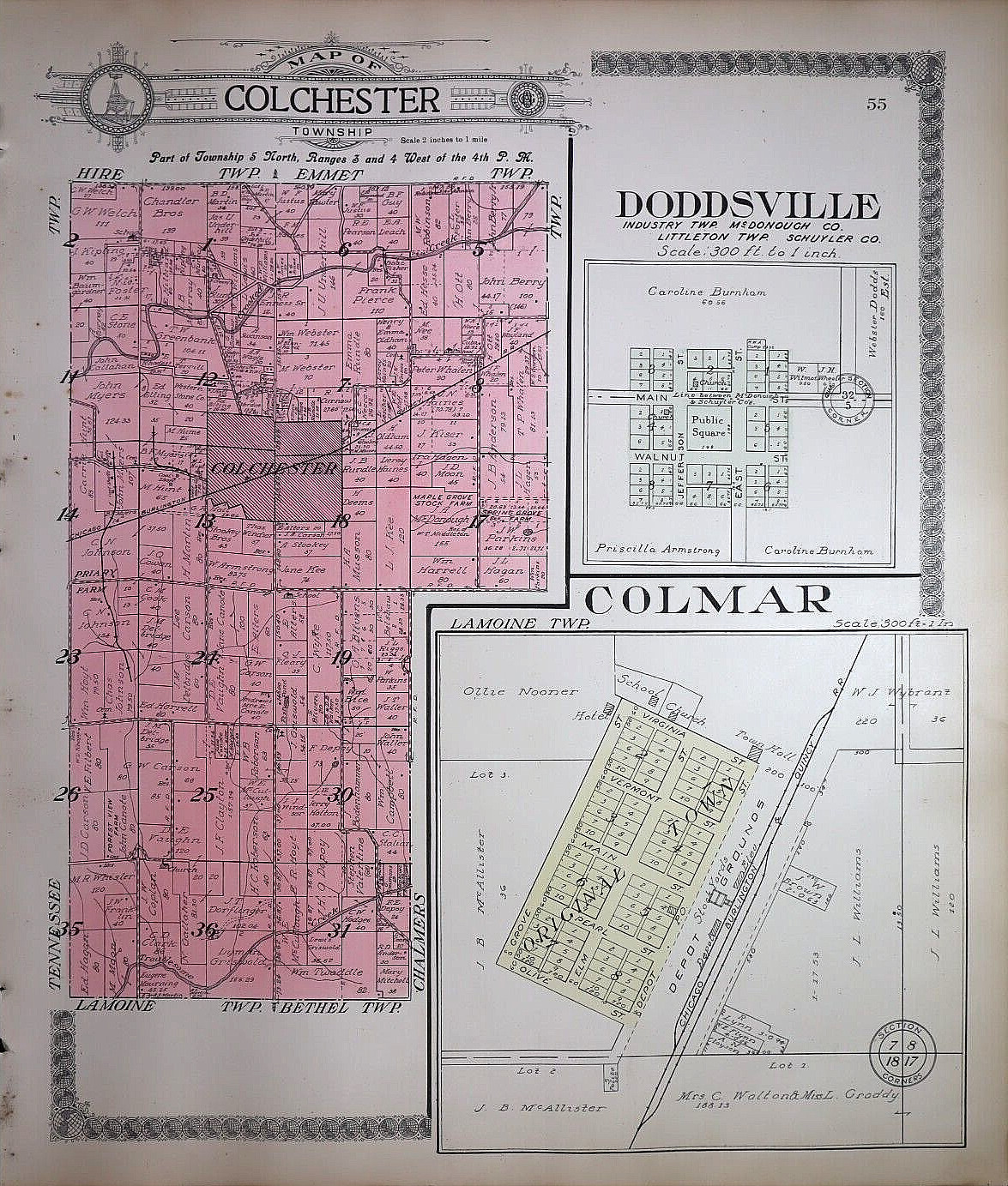 1913 Plat Map COLECHESTER, COLMAR, DODDSVILLE Twps., Mc DONOUGH Co., ILLINOIS