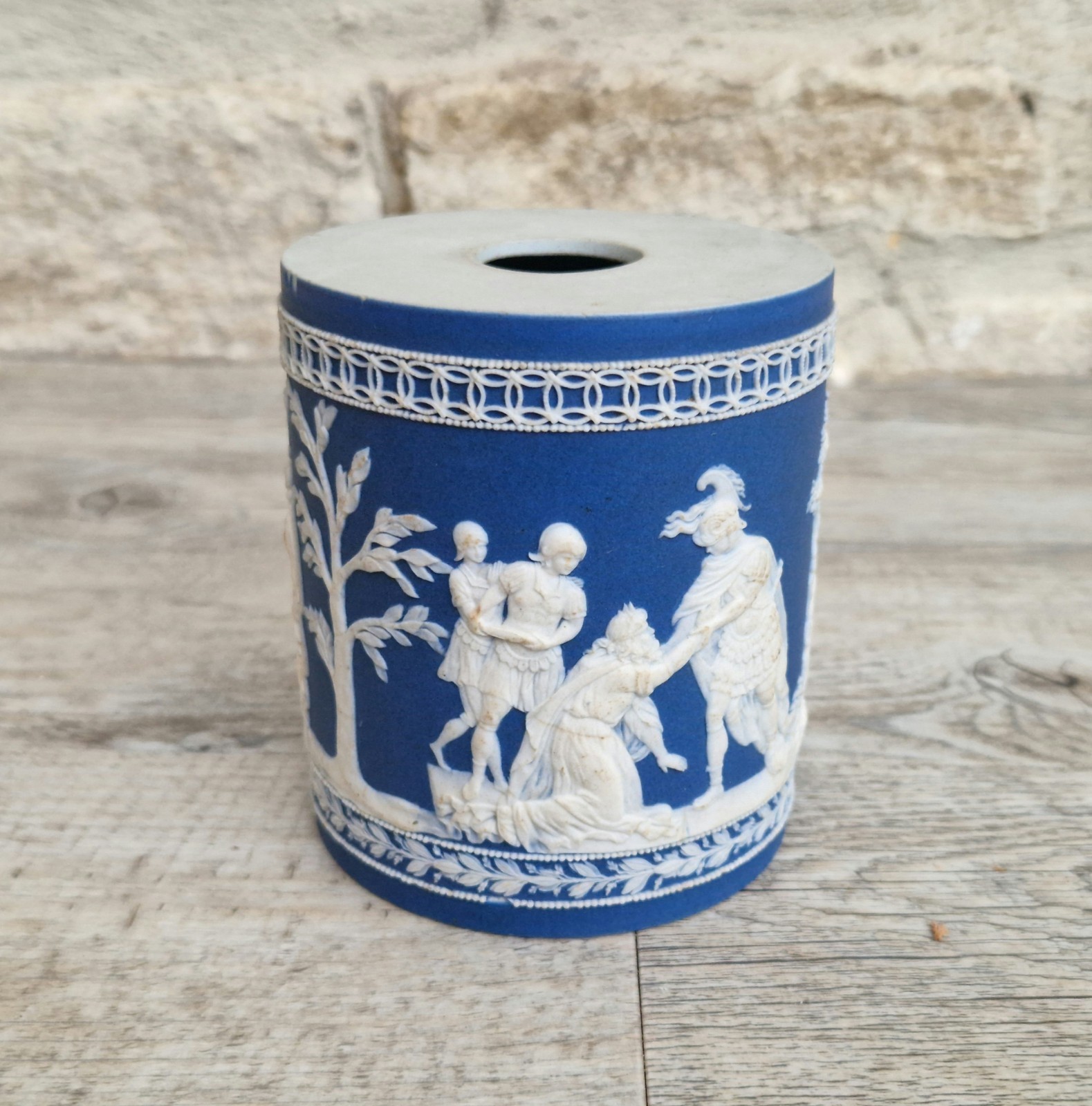 Antique 19th C. William Adams Jasperware Neoclassical Blue Sprigged Drum Base