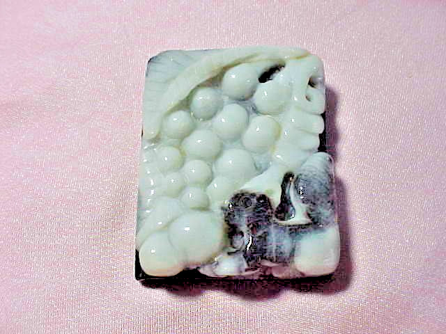 Carved Jade Pendant Squirrel & Lychee Fruit Black & Green