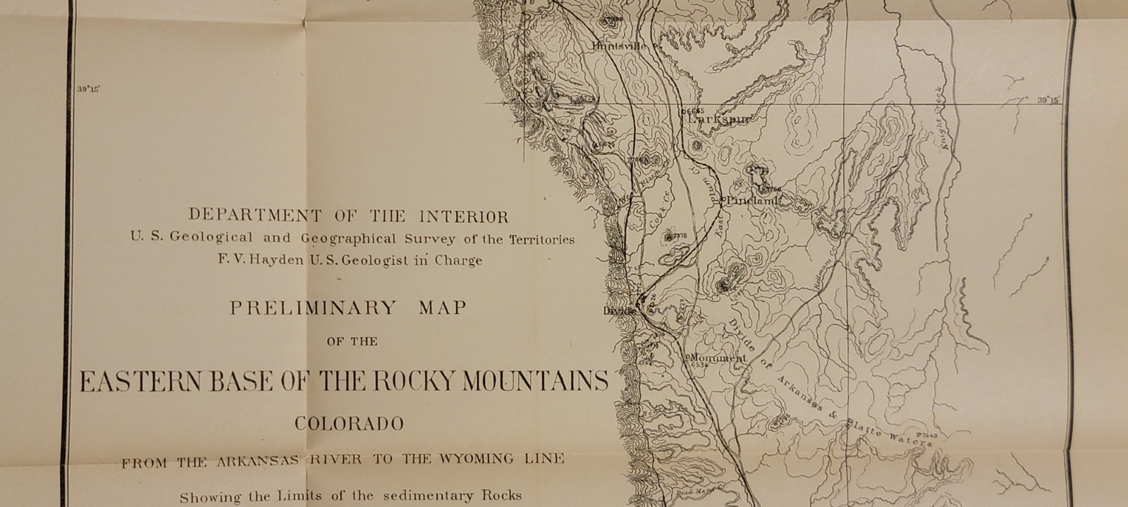 Rare 1874 map Eastern Base Front Range Rocky Mountains Colorado Hayden survey