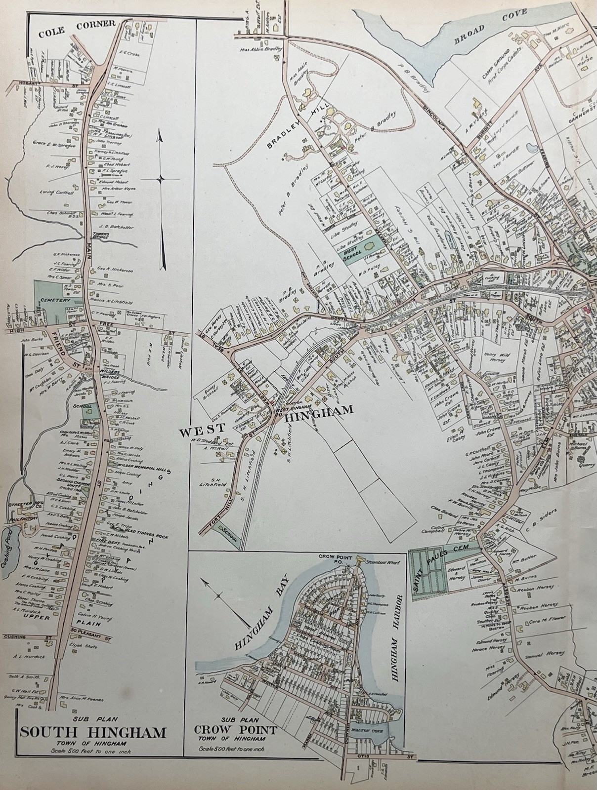 Orig 1903 Hingham Map,Centre,Harbor,Mill Cushing Pond,Broad Cove,Crow Pt,MA Mass