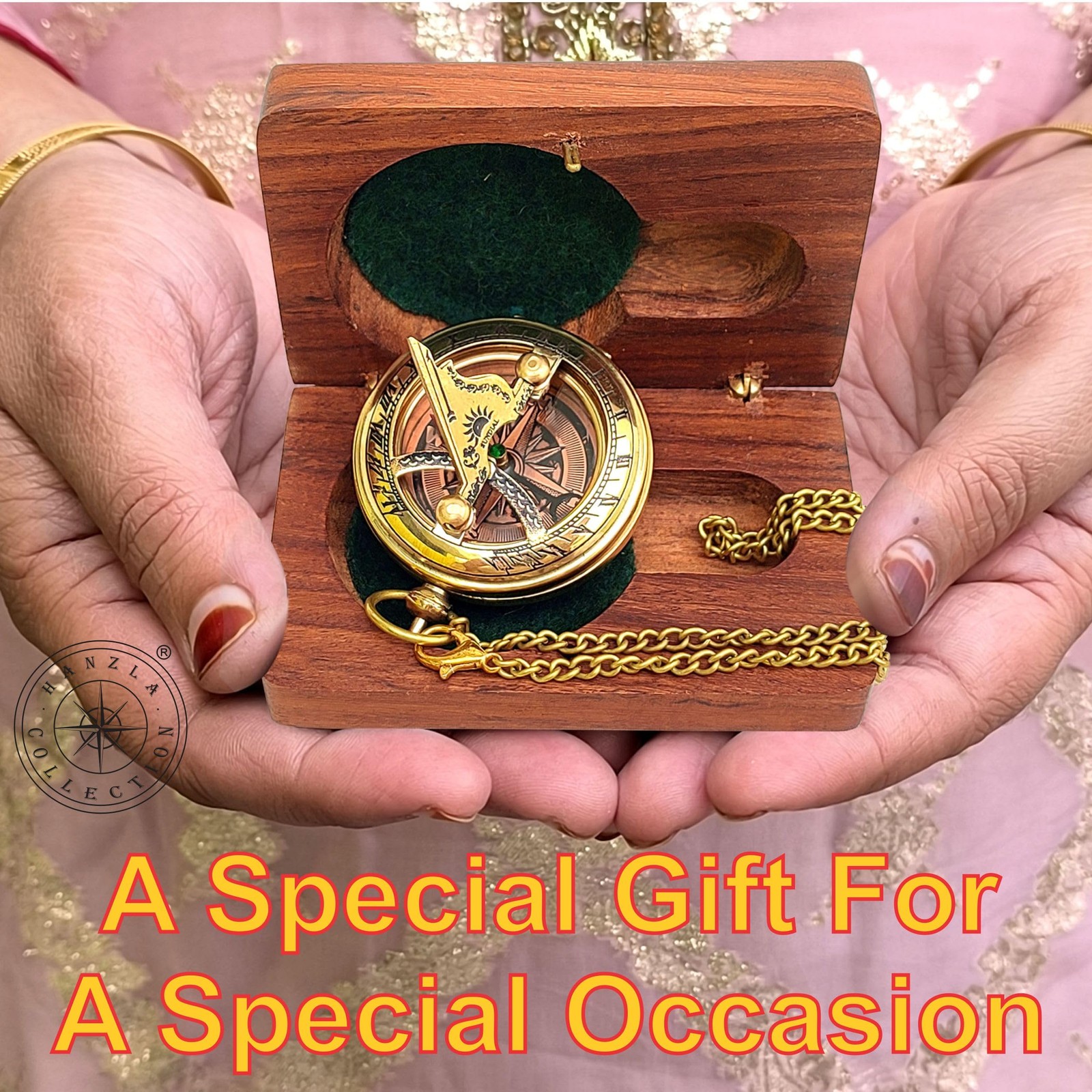 Handmade Push Button Direction Sundial Clock with Chain & Wooden Box – Brass …