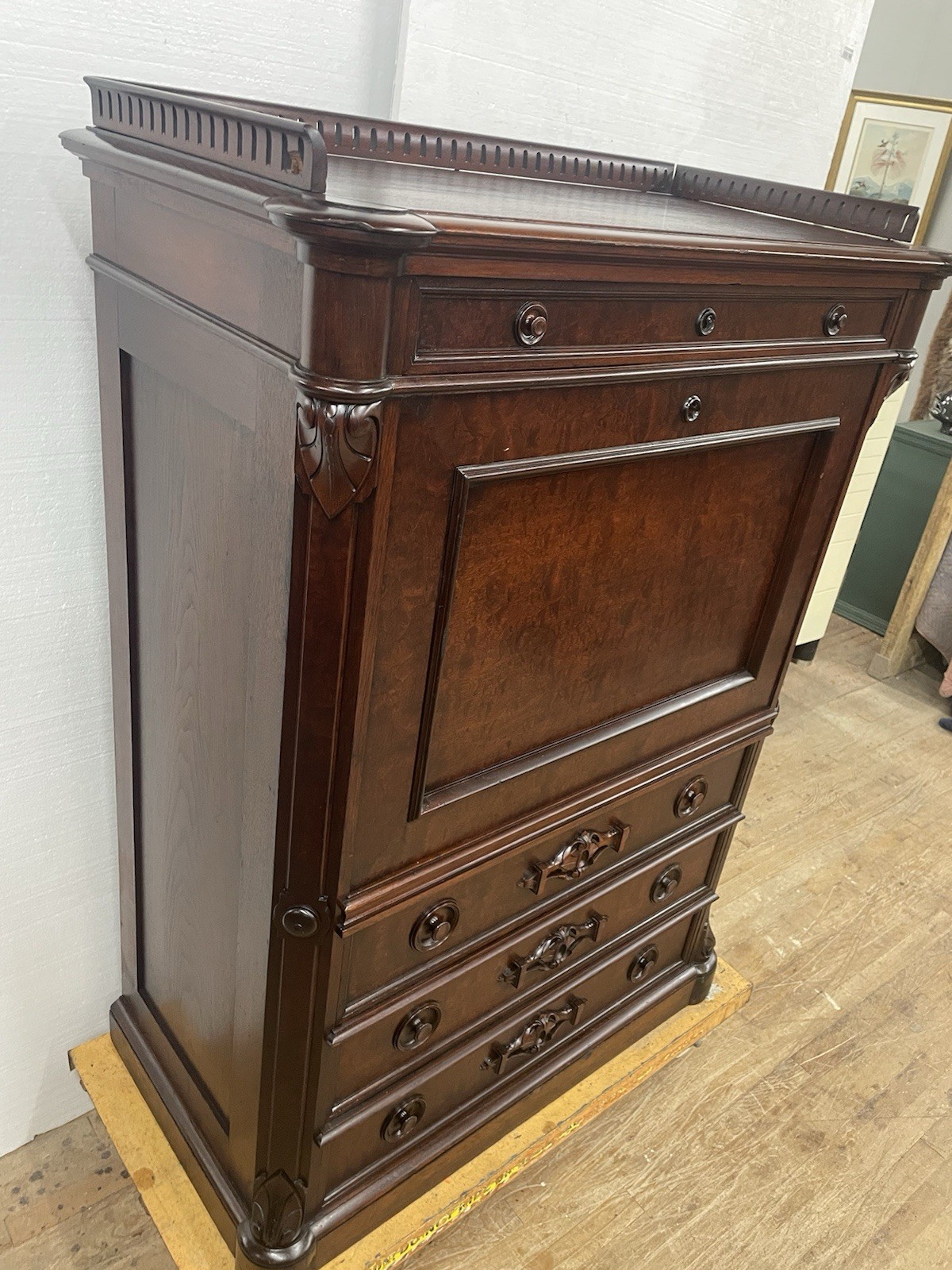 Antique 1860 Biedermeier Drop Front Secretary Abattent Desk Handmade Walnut