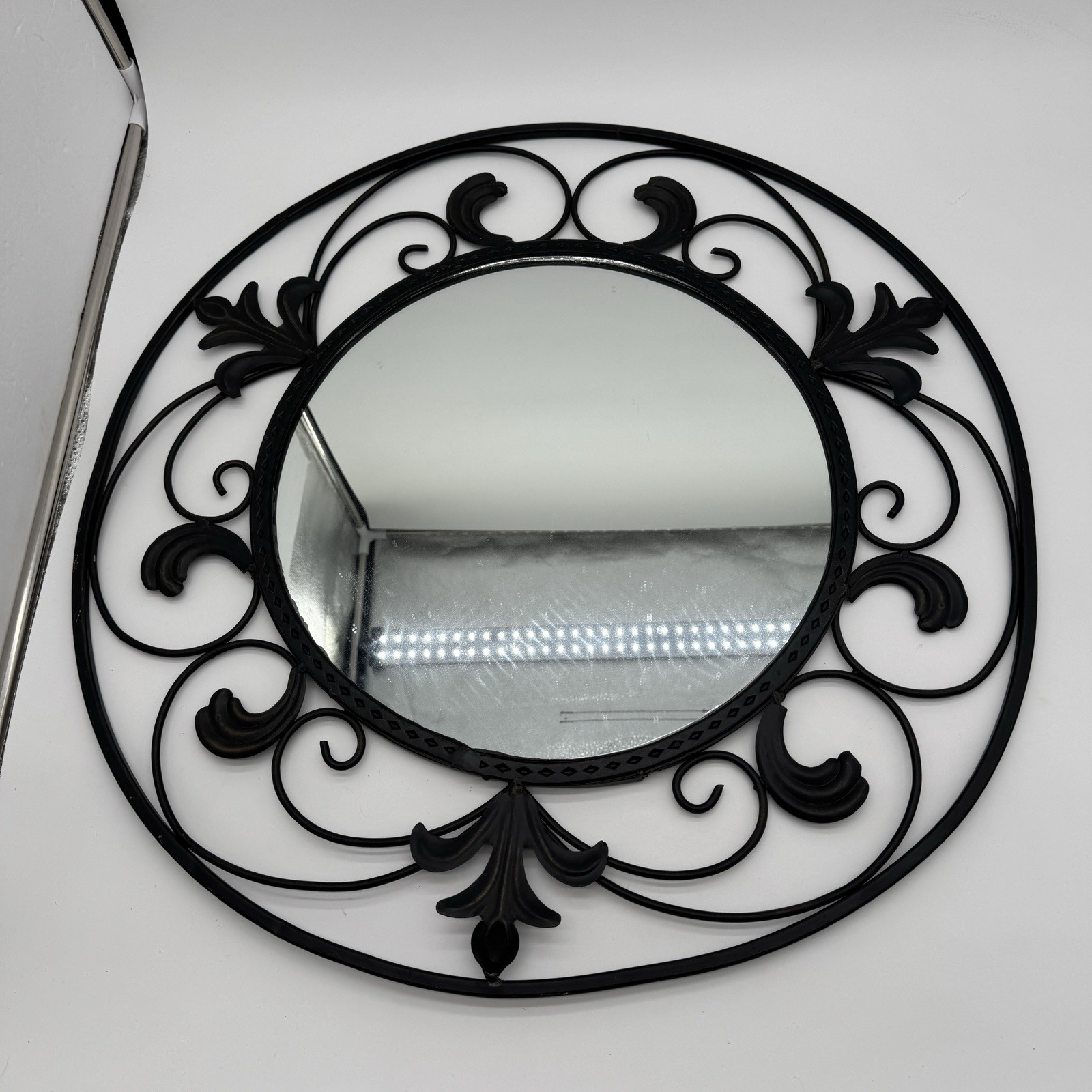 Round Black Wrought Iron Scroll Wall Mirror 24in Ornate Farmhouse Vintage Decor
