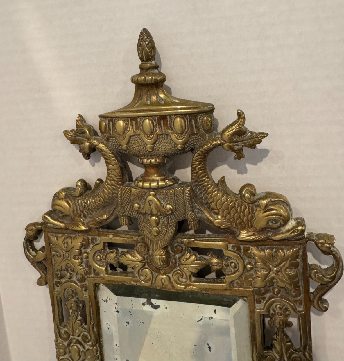 Neoclassical Bronze Wall Mirror Dolphin Urn Empire Style 19.75”
