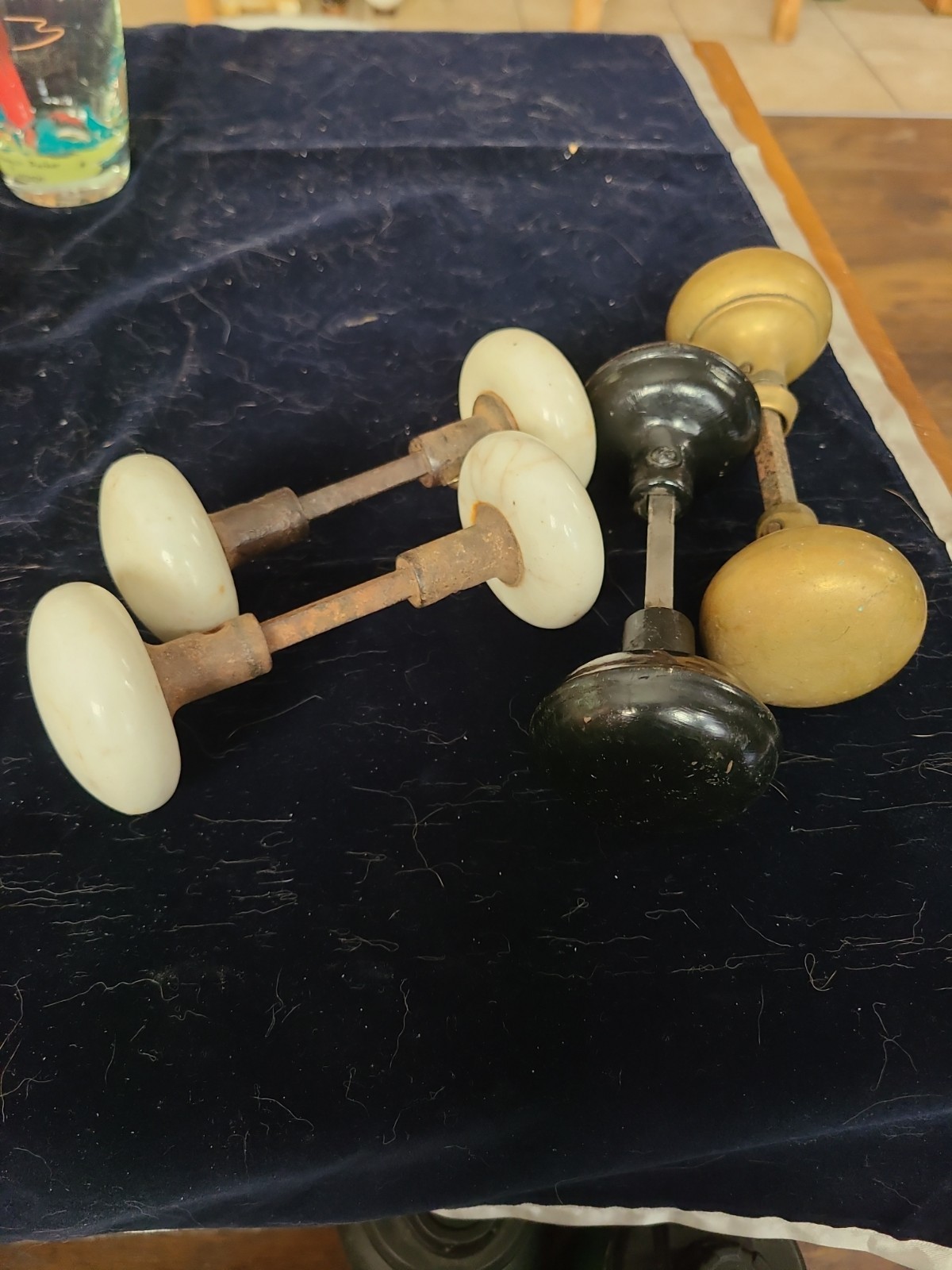4 Sets Antique Door Knobs White Marble Brass & Pressed Steel