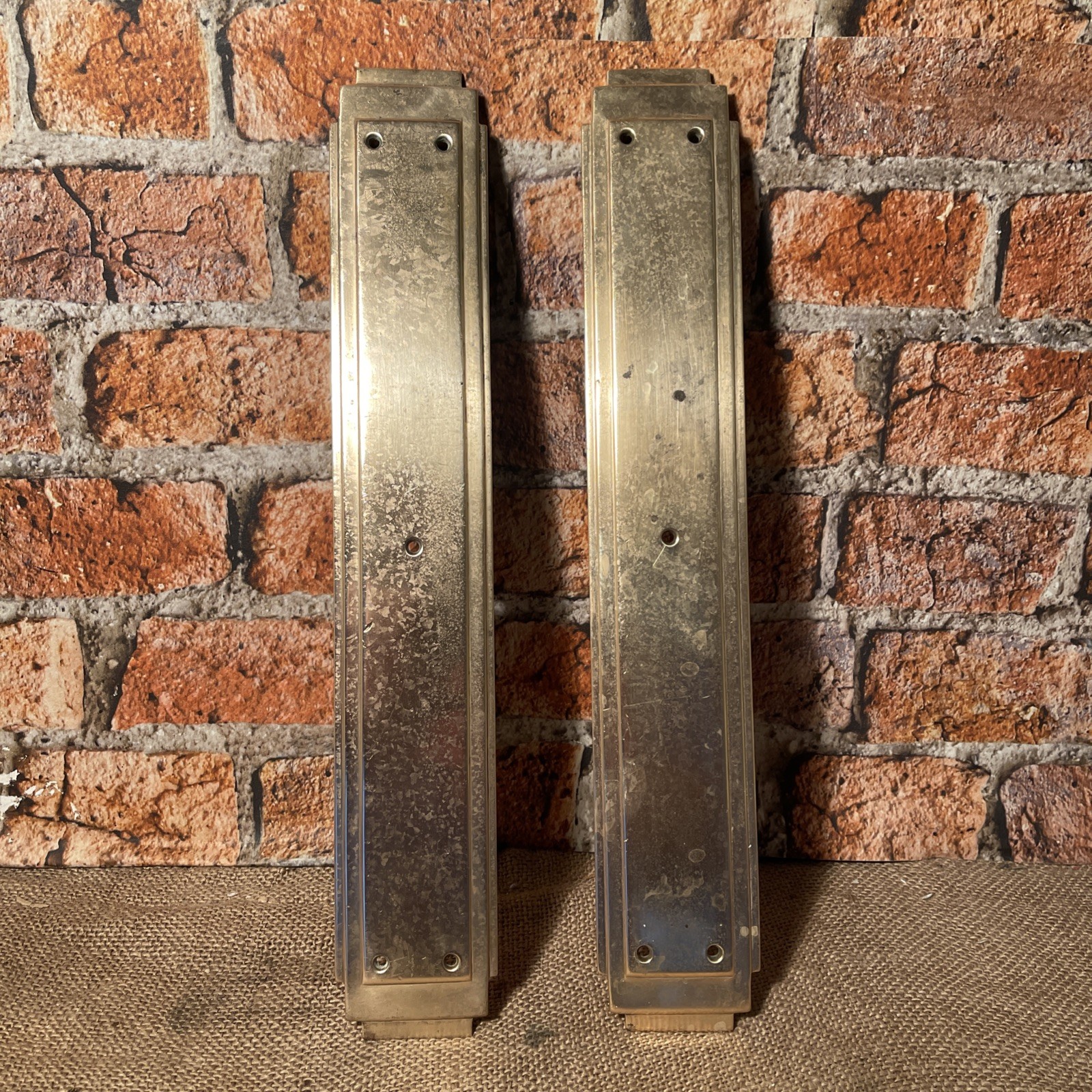 Antique Pair solid Brass Door Finger plates Art Deco 15” x 2.5”