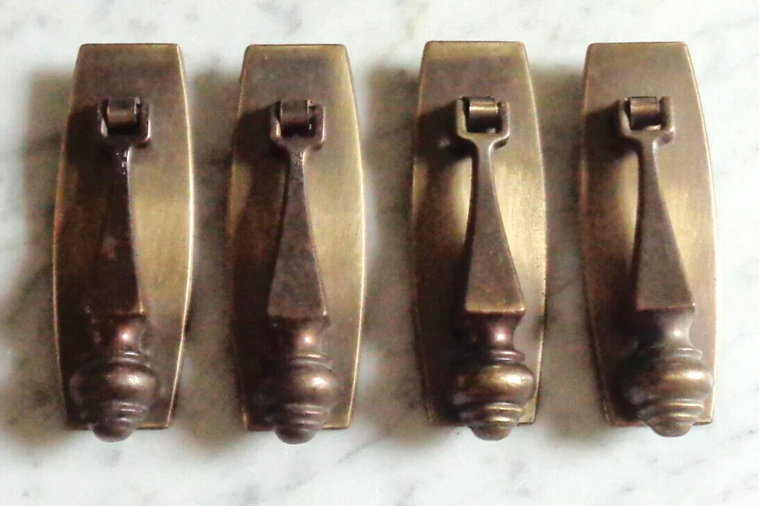 4 Vintage 3 inch Tear Drop Bail Knocker Drawer Pulls w Back Plates #7642