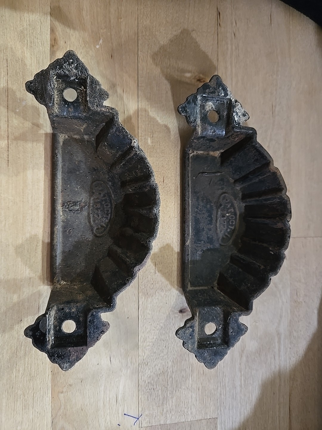 Antique Original Drawer Pulls Oct 1872 Cast Iron Art Deco Ornate Set of 2