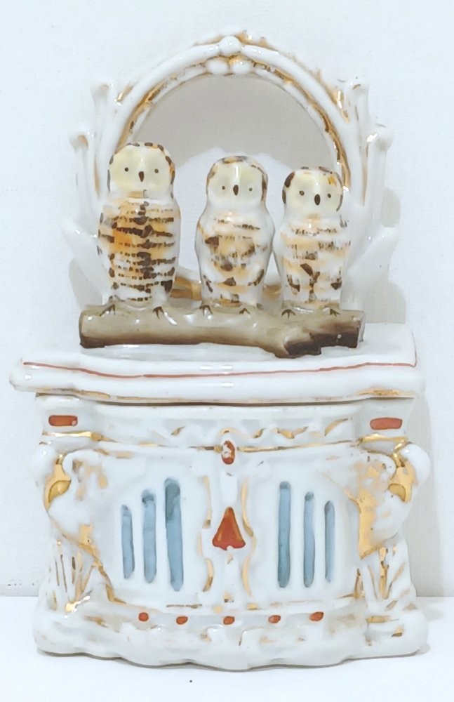 Antique Staffordshire Conta & Boehme Trinket Box,3 Owls On Tree Trunk, Rare #229