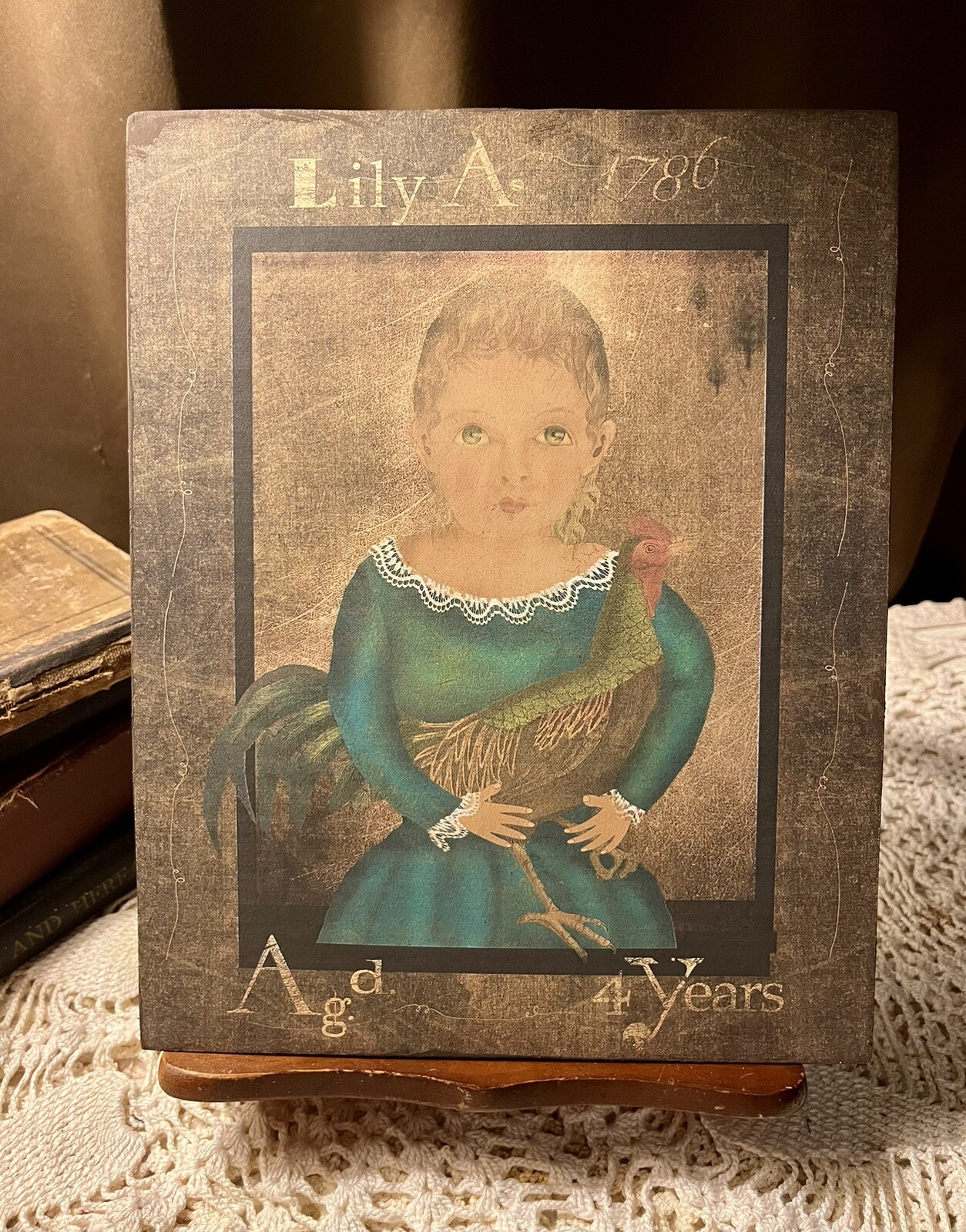 PRIMITIVE Folk Art, Girl With Chicken , Artist Canvas Board Sign