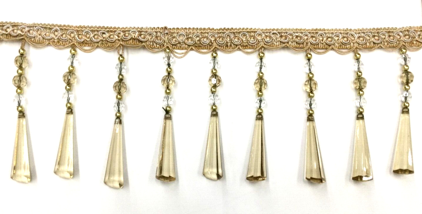 6” Beaded Crystal-Like Gimp Trim Tassel – Sold By The Yard – Golden Amber