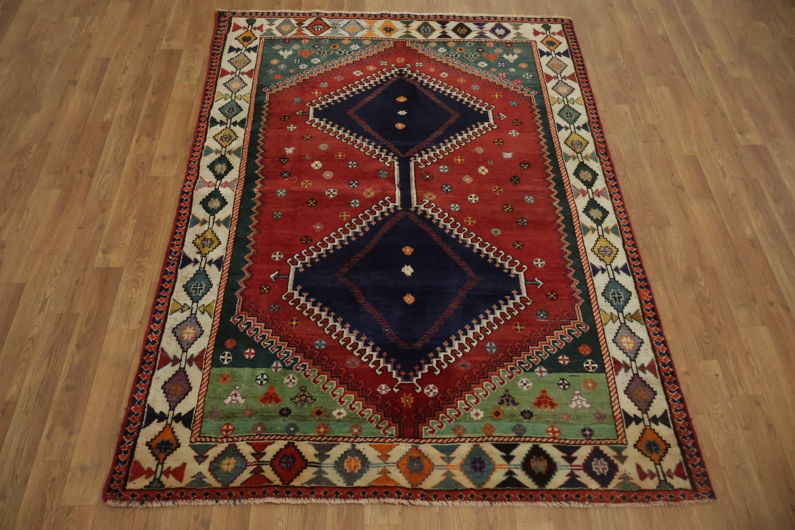Vintage Vegetable Dye Area Rug 5×6 Handmade Wool Geometric Red/ Ivory Carpet
