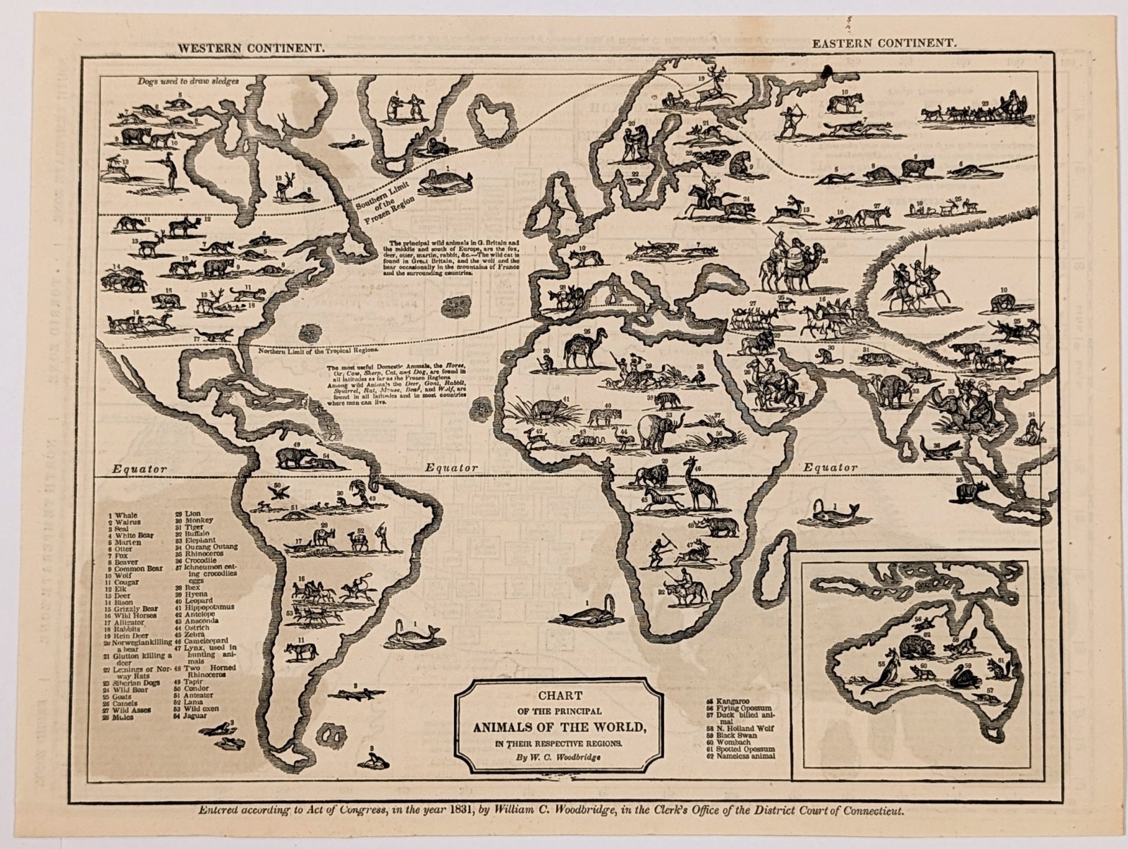 1831 Animal Kingdom WORLD MAP – ORIGINAL Woodbridge Zoological