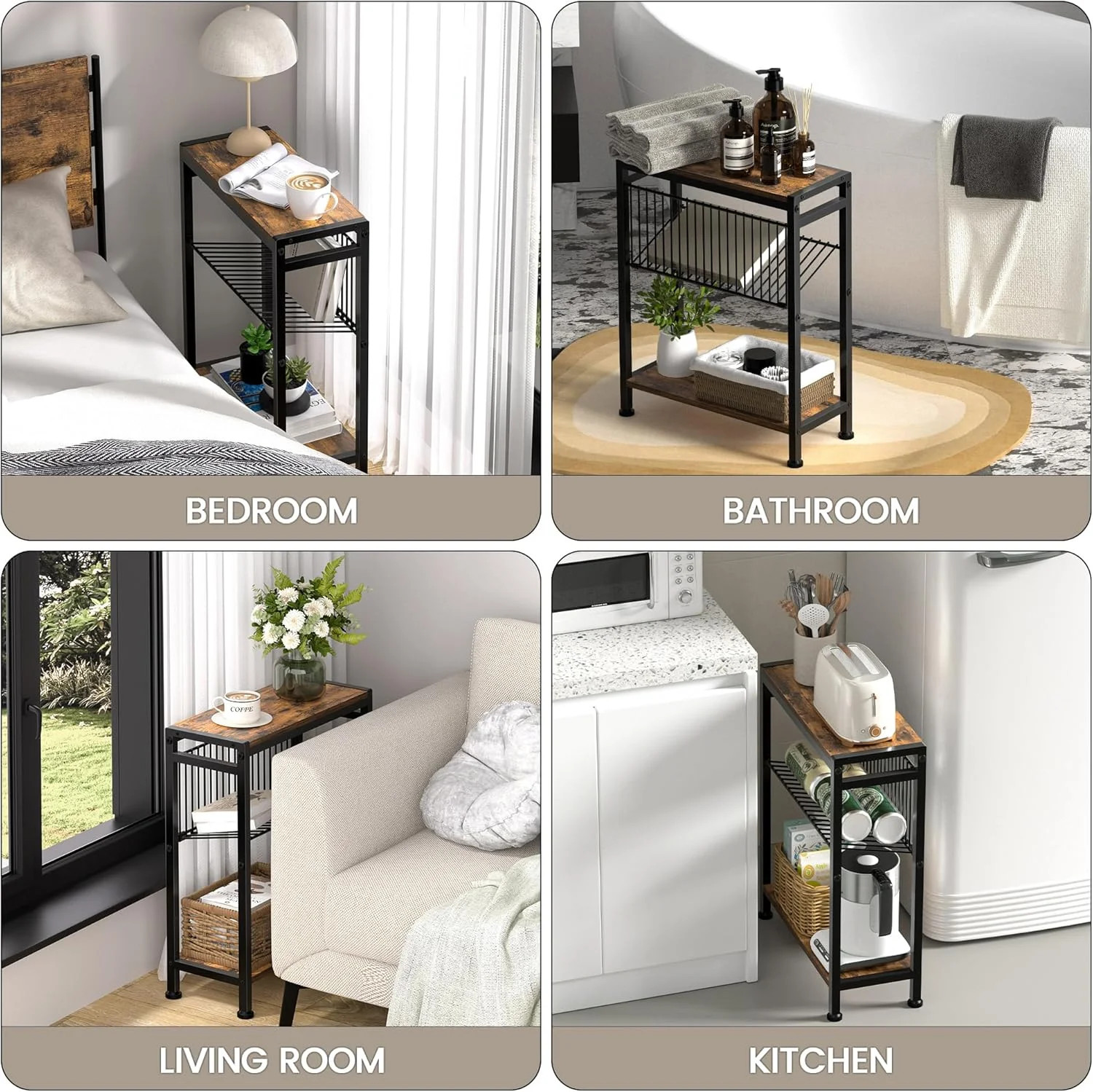 Small Side Table for Small Space, 3-Tier Narrow End Table with Magazine Holder,S