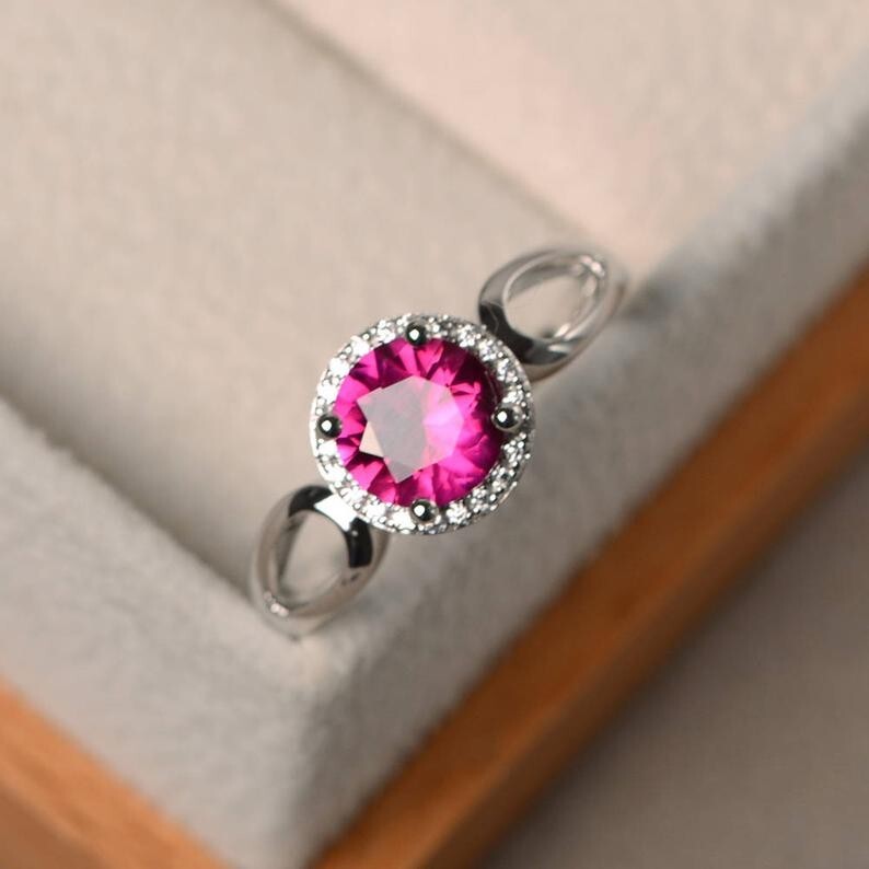 1.65 Ct Round Natural Ruby Diamond Engagement Ring 14K White Gold Size 5